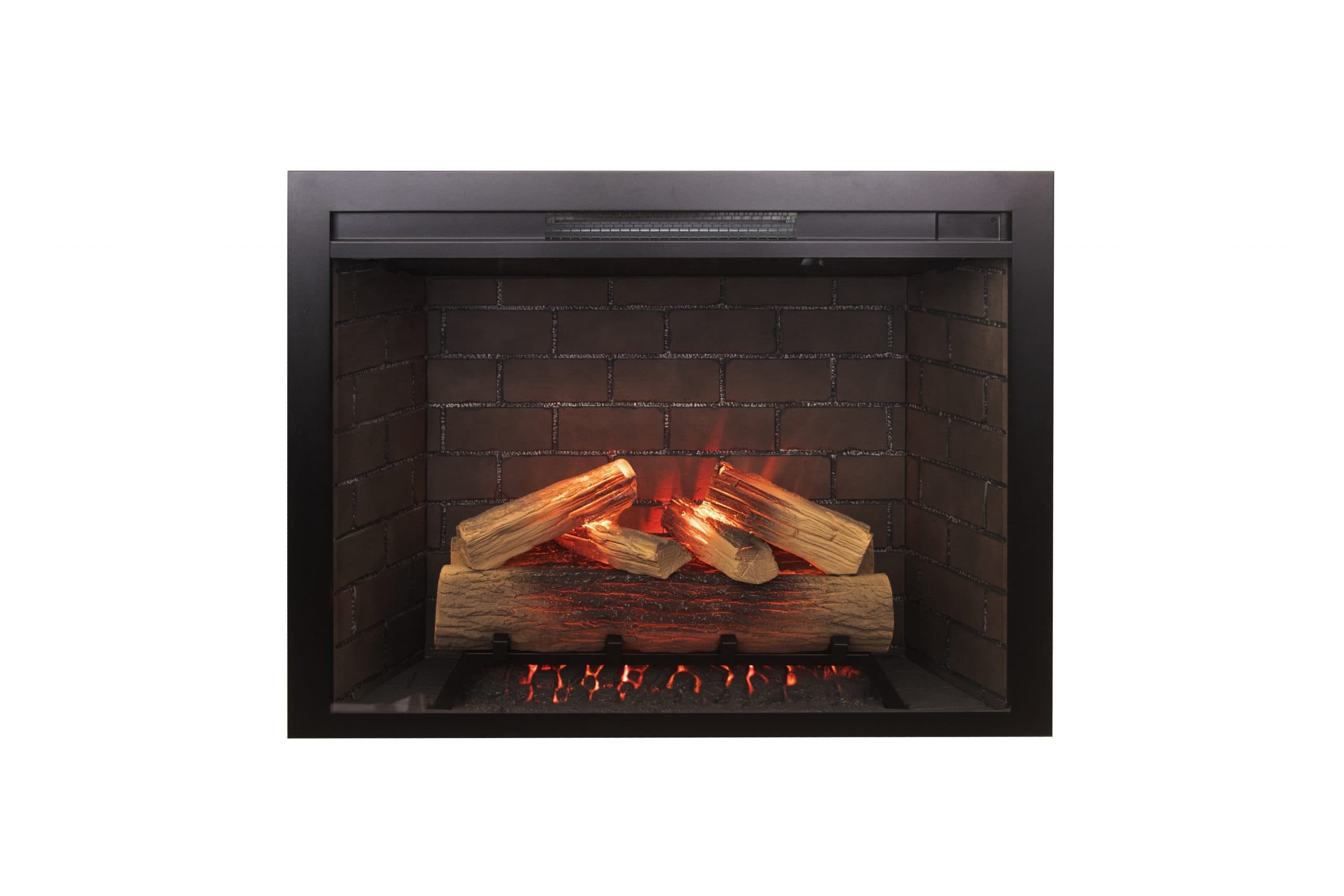 CE33 front view showing a low flame and glowing log setting