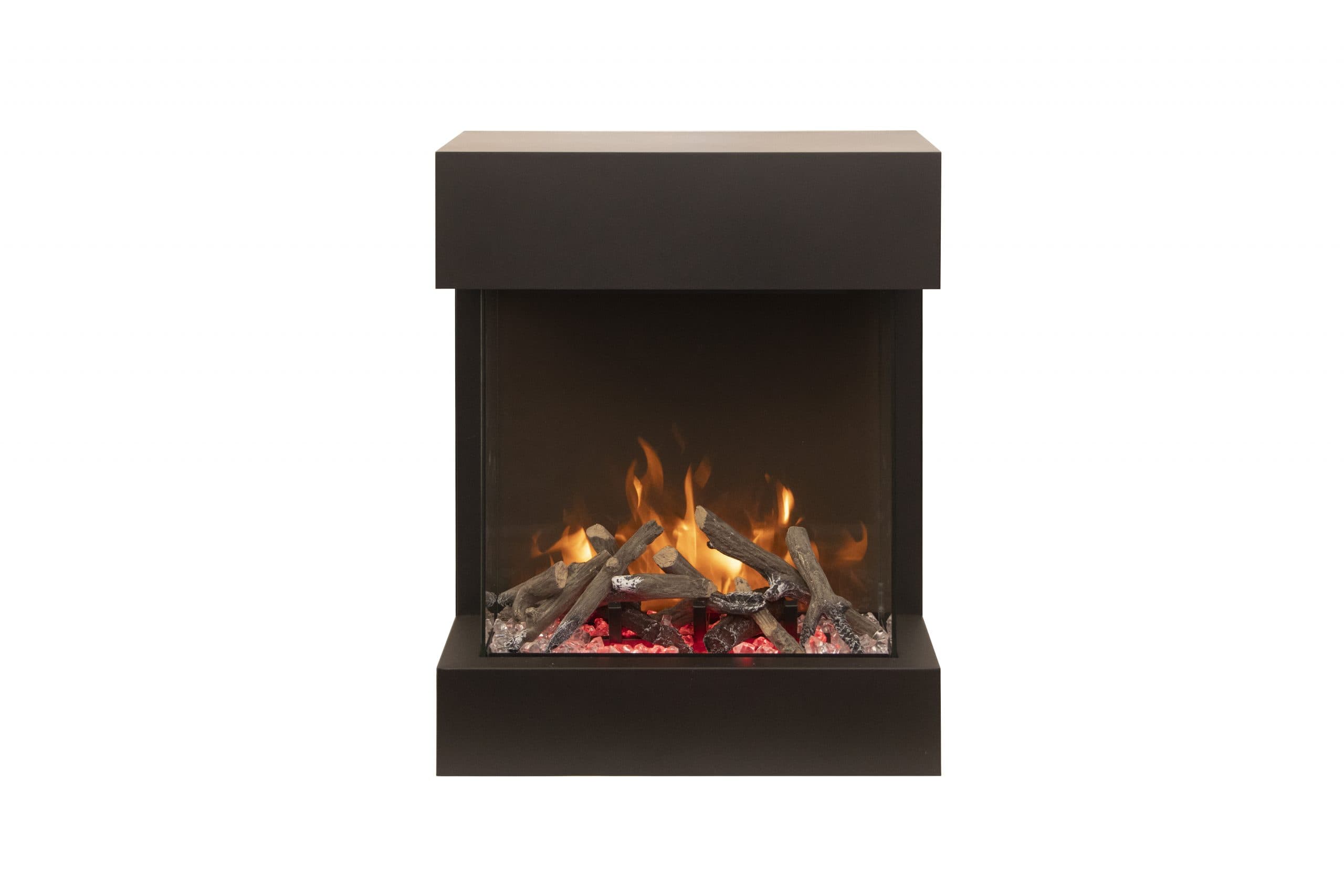 Cube Lumina front view with warm yellow flames and oak media