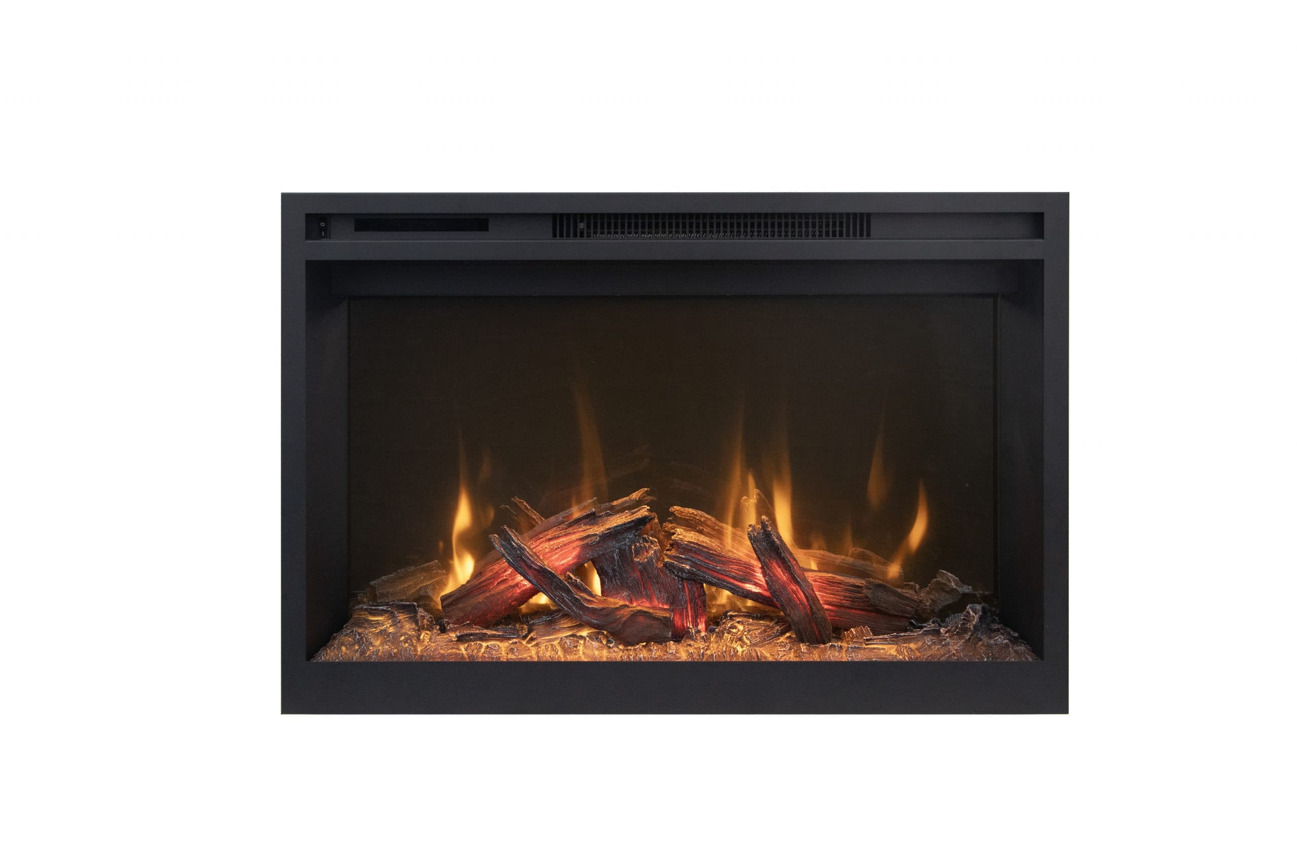 RS36 front view with warm glowing logs