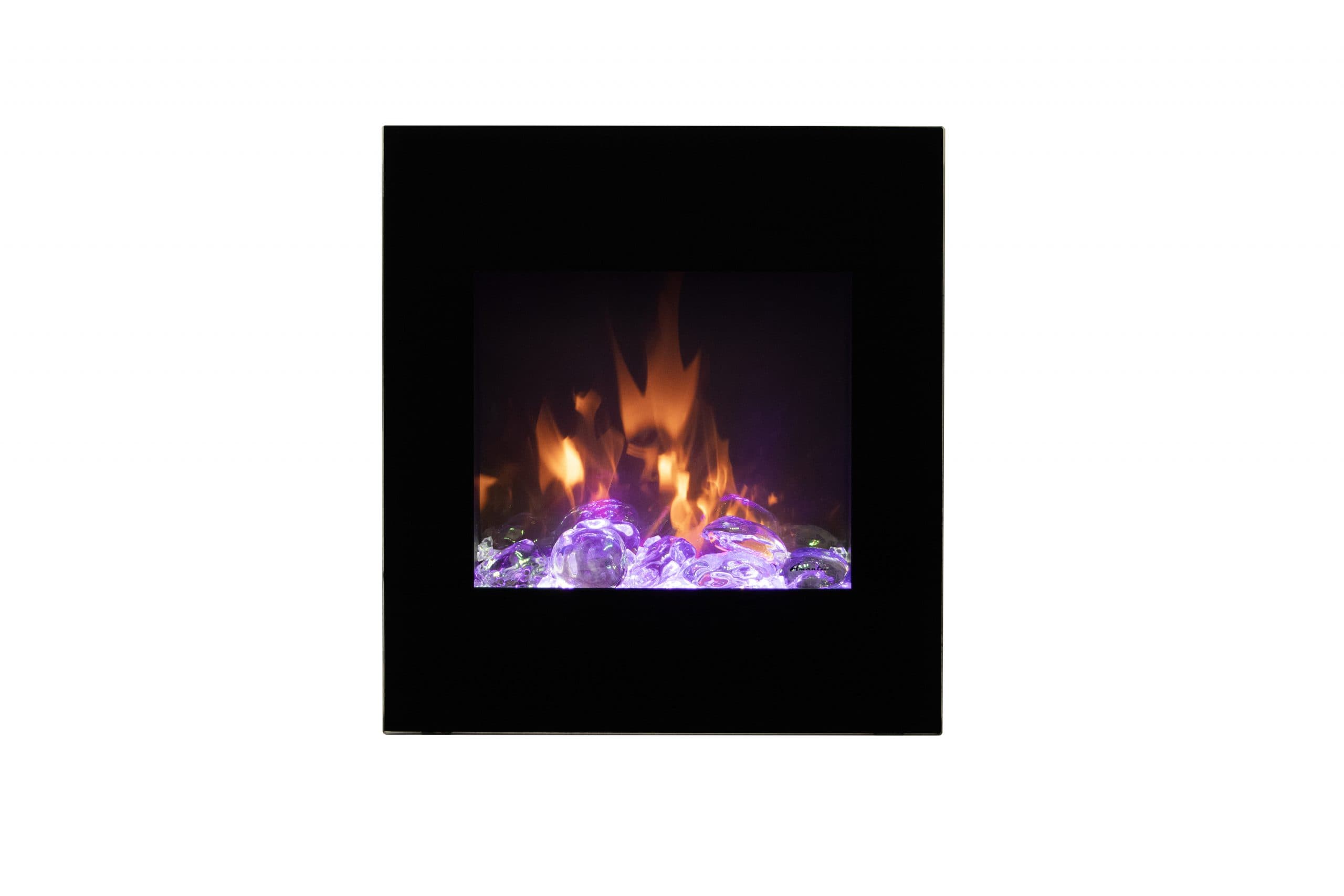 WM-BI2428 flat glass fireplace with optional clear glass media and violet lighting
