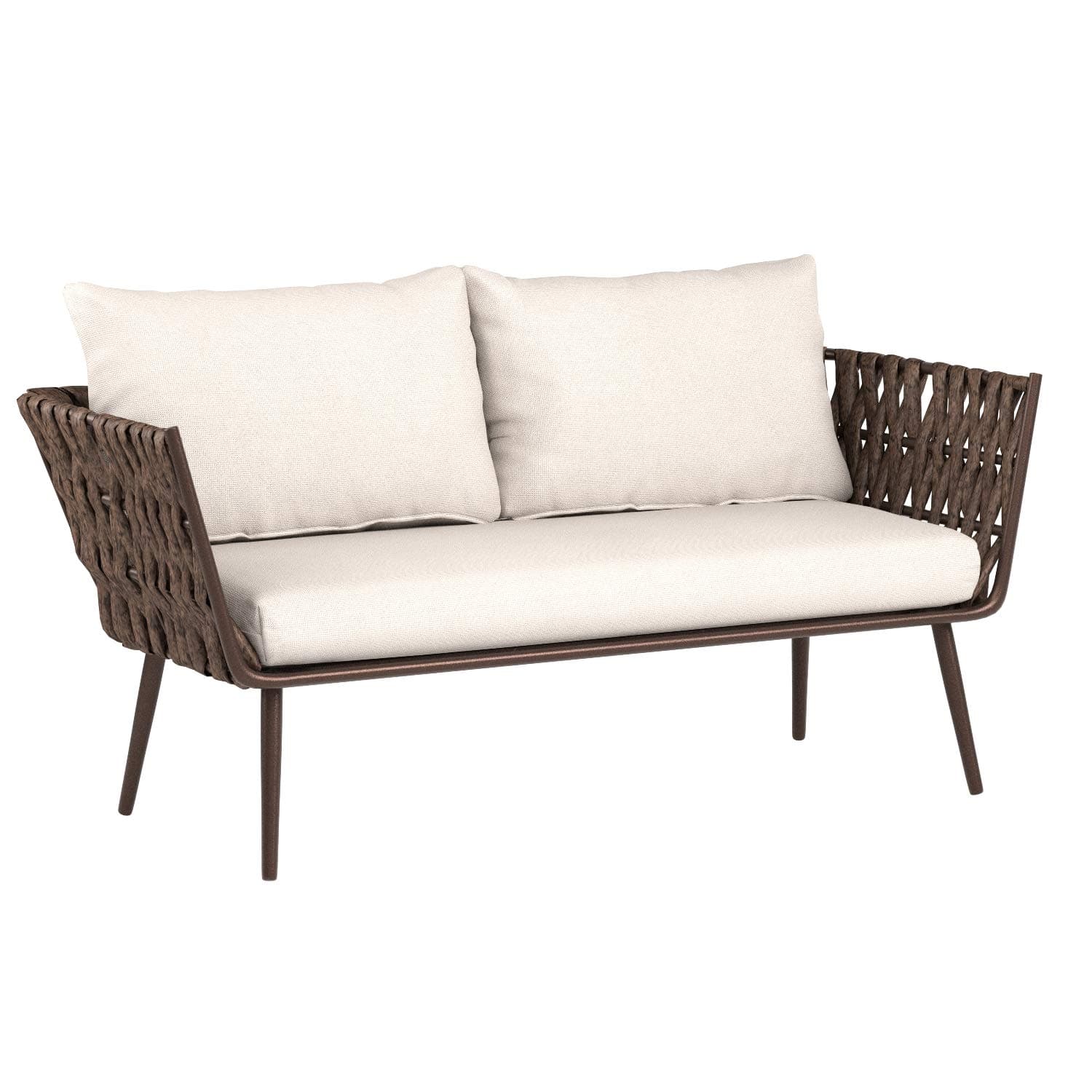 Amazon Basics 4-Piece PE Rattan Wicker Outdoor Furniture Patio Set — included two-person sofa with cushions.