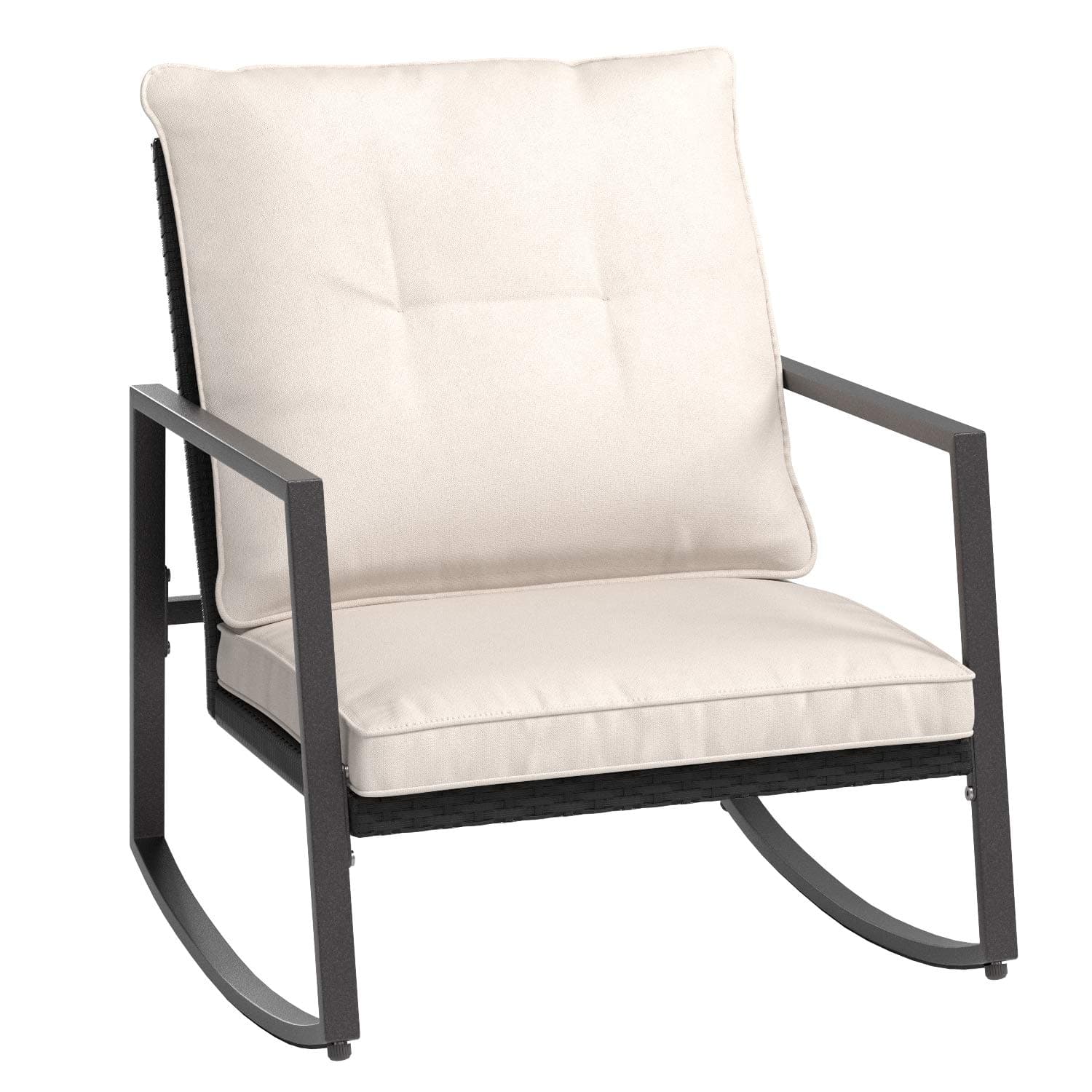 Amazon Basics 3-Piece PE Rattan Wicker Rocking Chair Outdoor Patio Set — one included rocking chair with cushions.