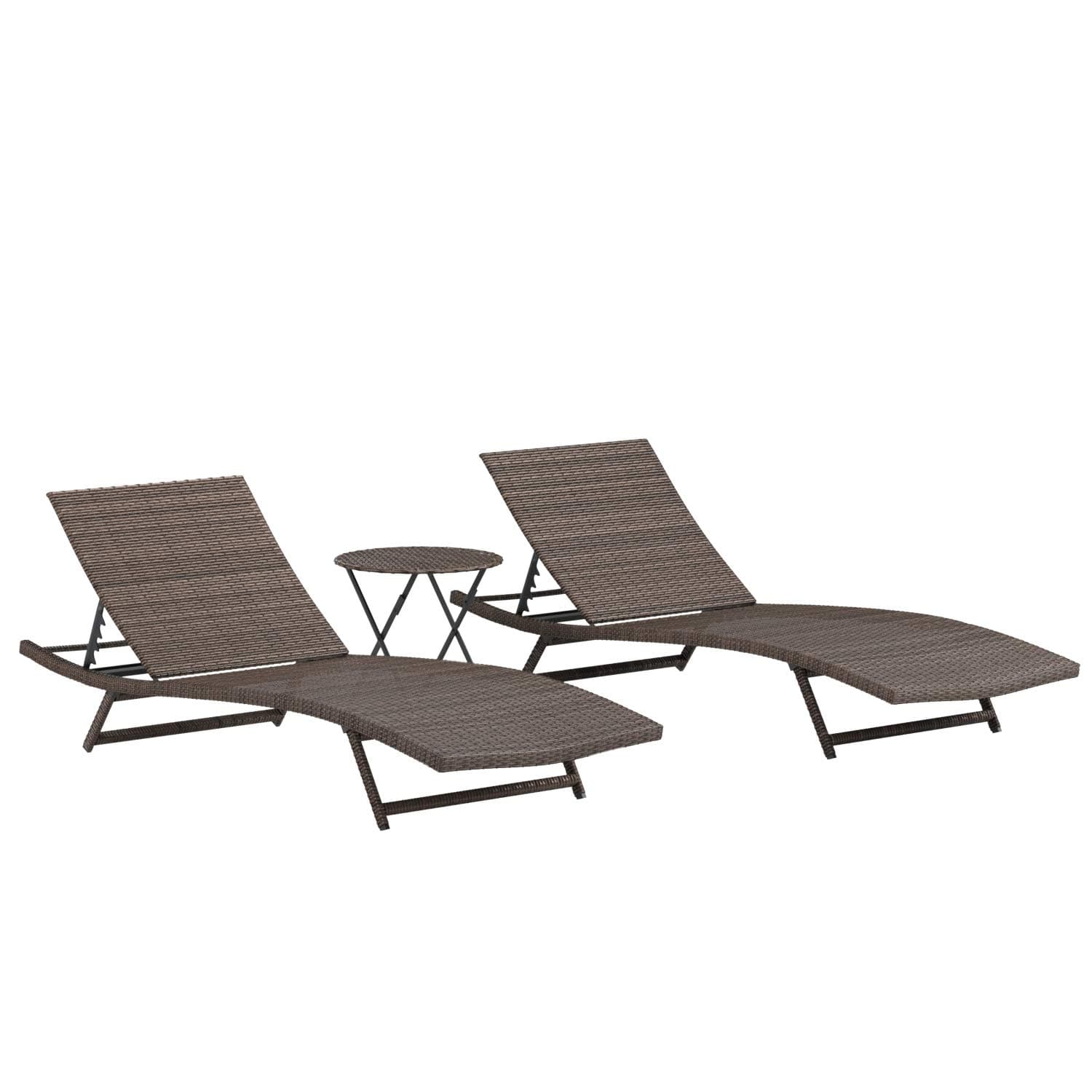 Amazon Basics 3 Piece Patio Rattan PE Wicker Lounger Chair and Table Set — complete set of two loungers and table.