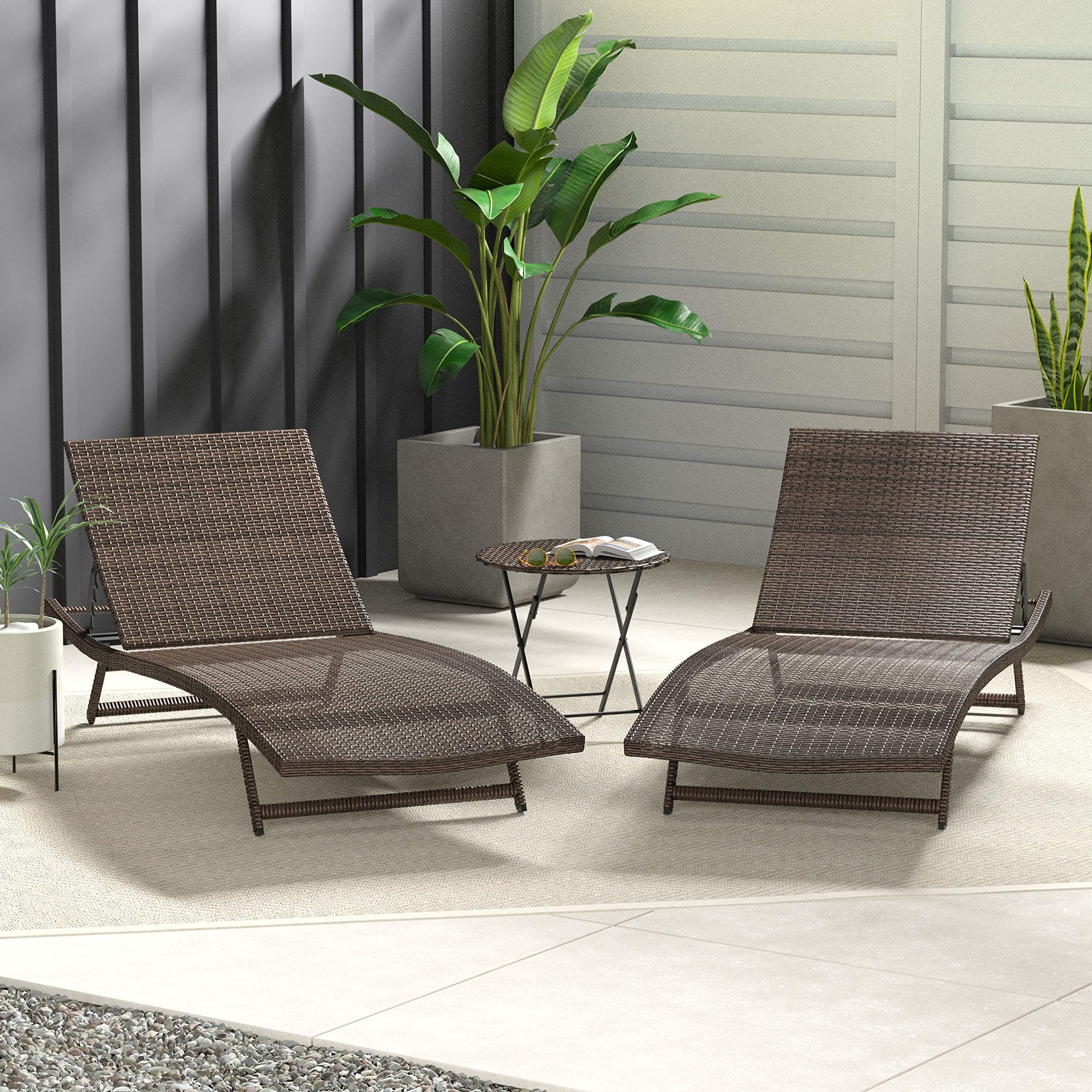 Amazon Basics 3 Piece Patio Rattan PE Wicker Lounger Chair and Table Set — complete set on patio; decorative items not included.