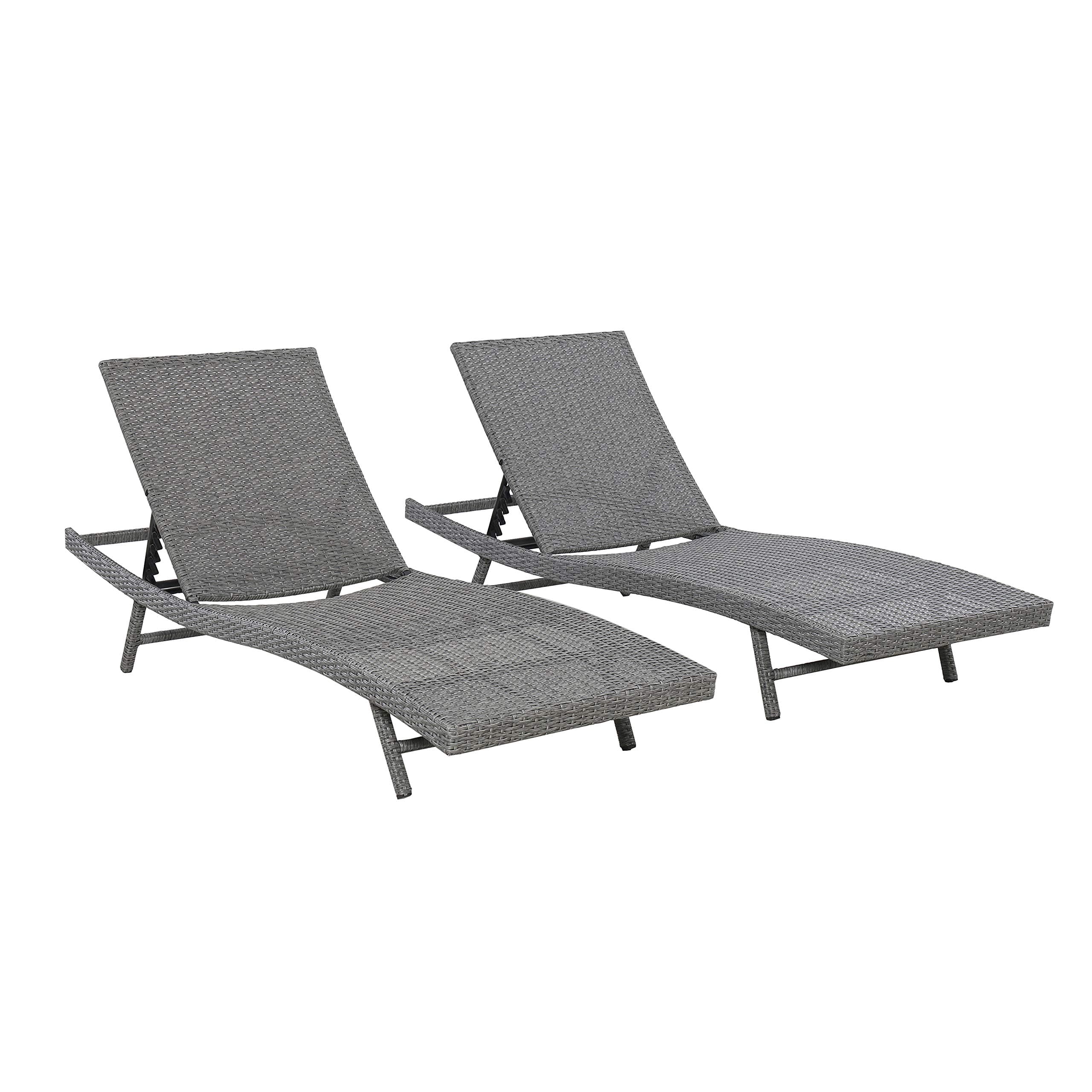 Amazon Basics All Weather Adjustable Outdoor Patio Pool Faux Wicker Chaise Lounge Chairs - 2-pack, Charcoal Gray — pair of lounges with backrests raised.