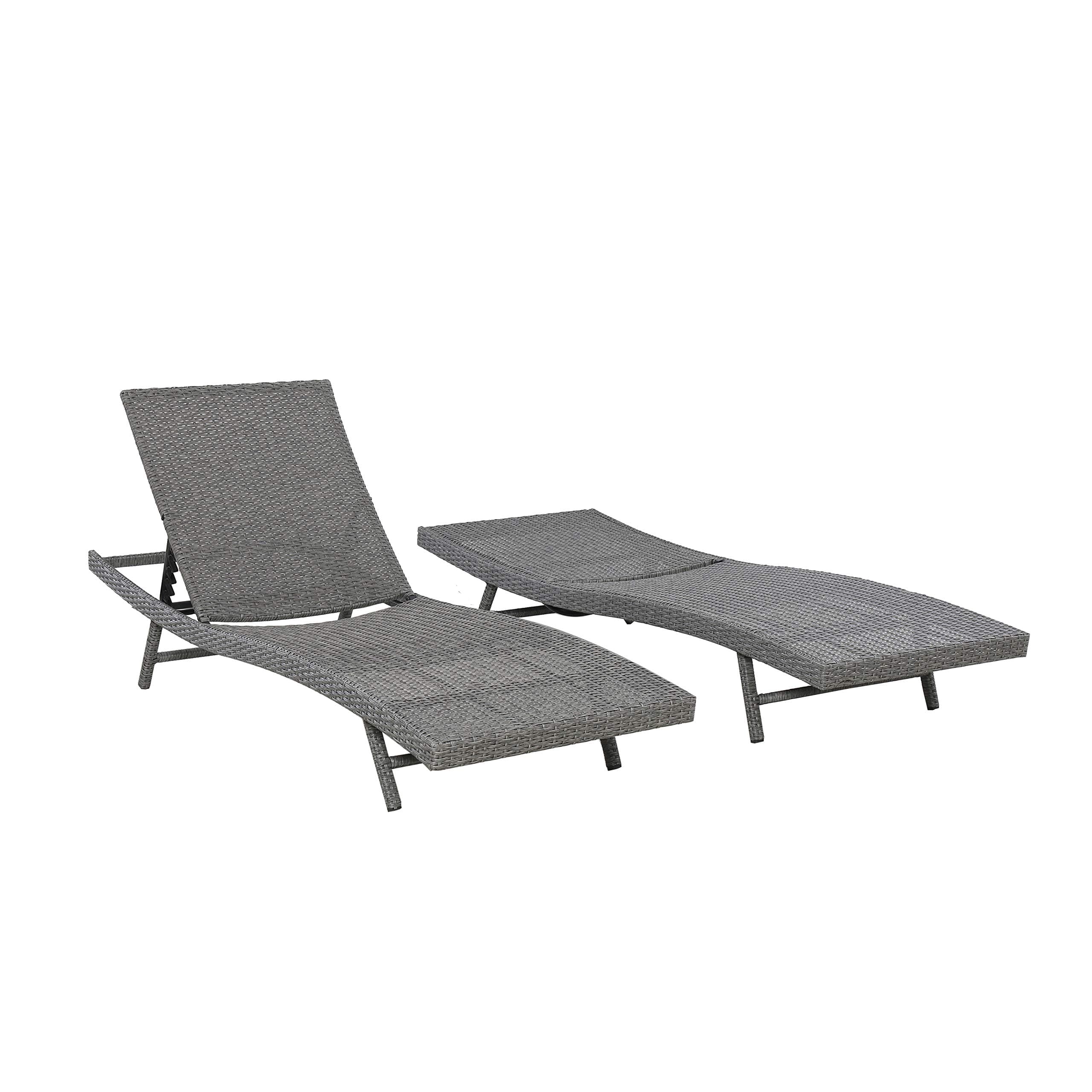 Amazon Basics All Weather Adjustable Outdoor Patio Pool Faux Wicker Chaise Lounge Chairs - 2-pack, Charcoal Gray — pair with one backrest lowered.