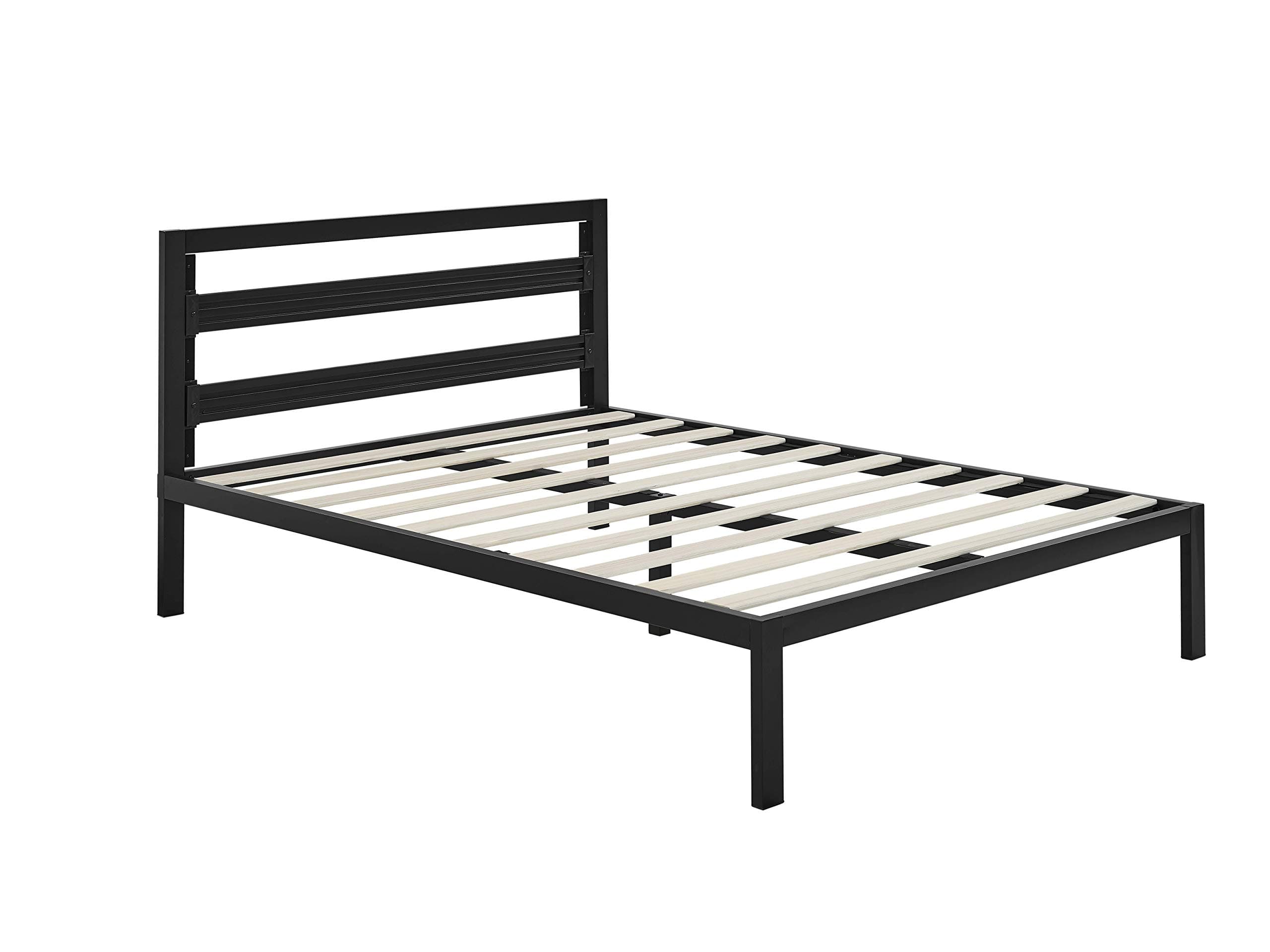 AmazonBasics Queen Metal Bed Frame with Adjustable Headboard and Wood Slats — Black, front three-quarter view