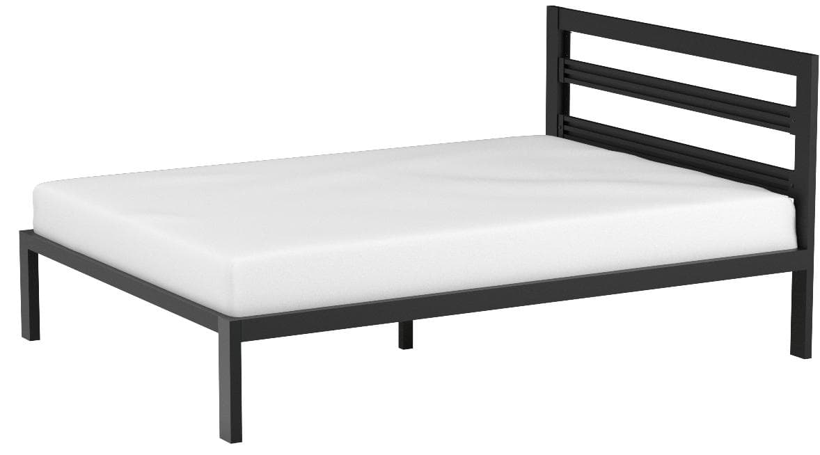 AmazonBasics Queen Metal Bed Frame with Adjustable Headboard and Wood Slats — Black, alternate front view; mattress and bedding shown for styling