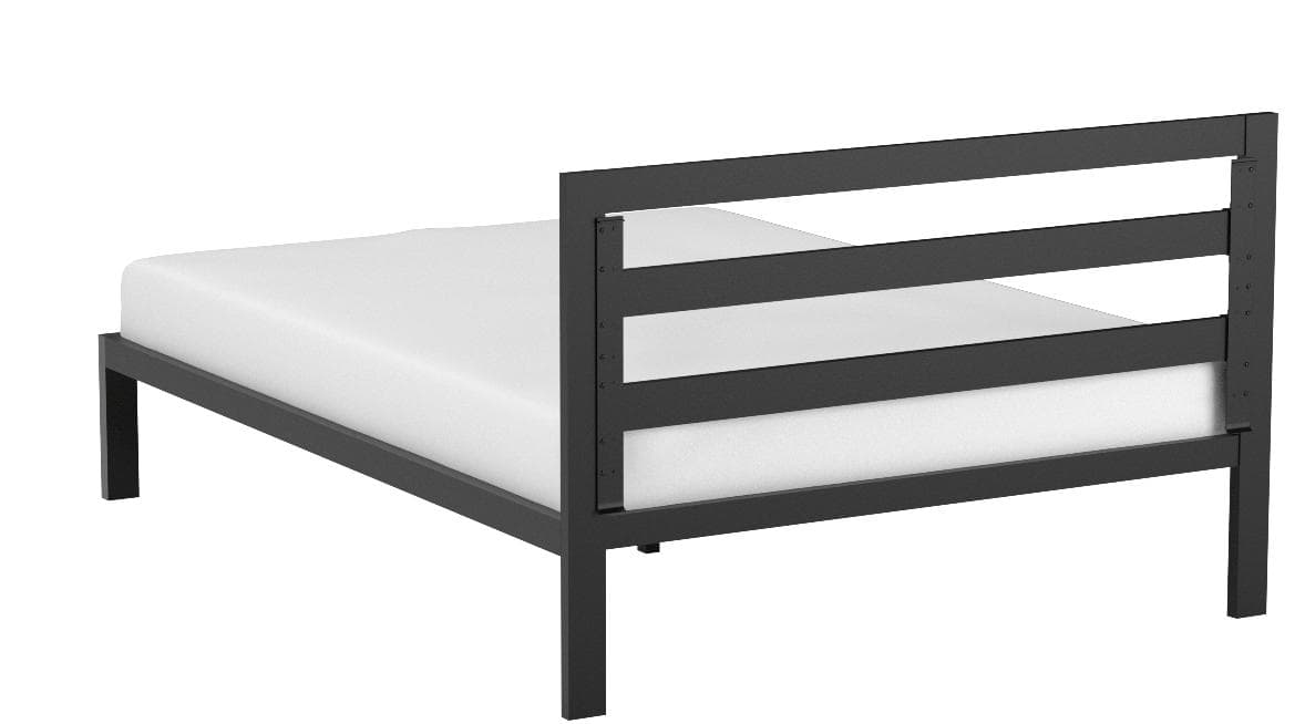 AmazonBasics Queen Metal Bed Frame with Adjustable Headboard and Wood Slats — Black, rear view; mattress and bedding shown for styling