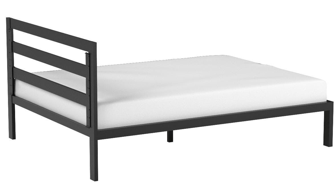 AmazonBasics Queen Metal Bed Frame with Adjustable Headboard and Wood Slats — Black, opposite rear view; mattress and bedding shown for styling