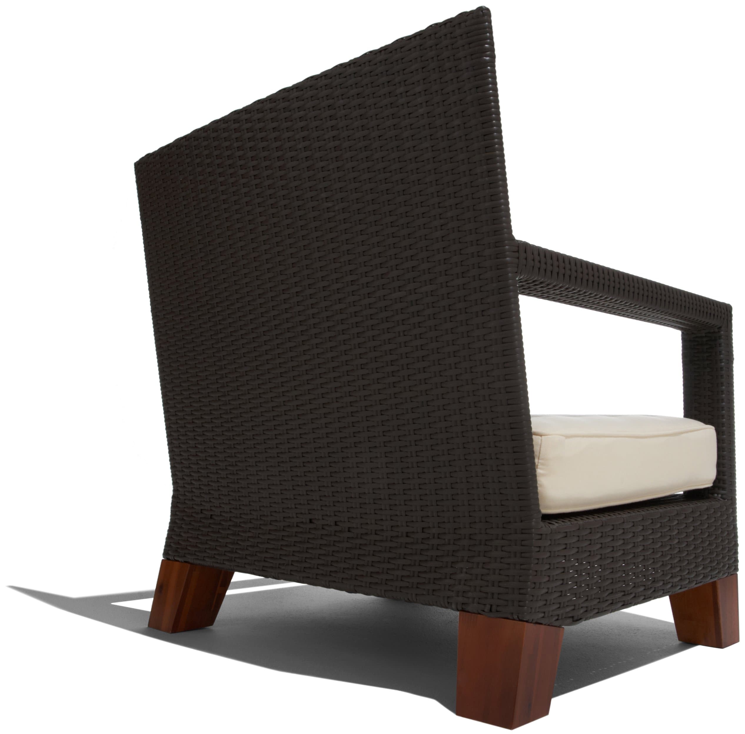Rear three-quarter view of the Strathwood Camano wicker arm chair, showing the woven back and wooden feet.