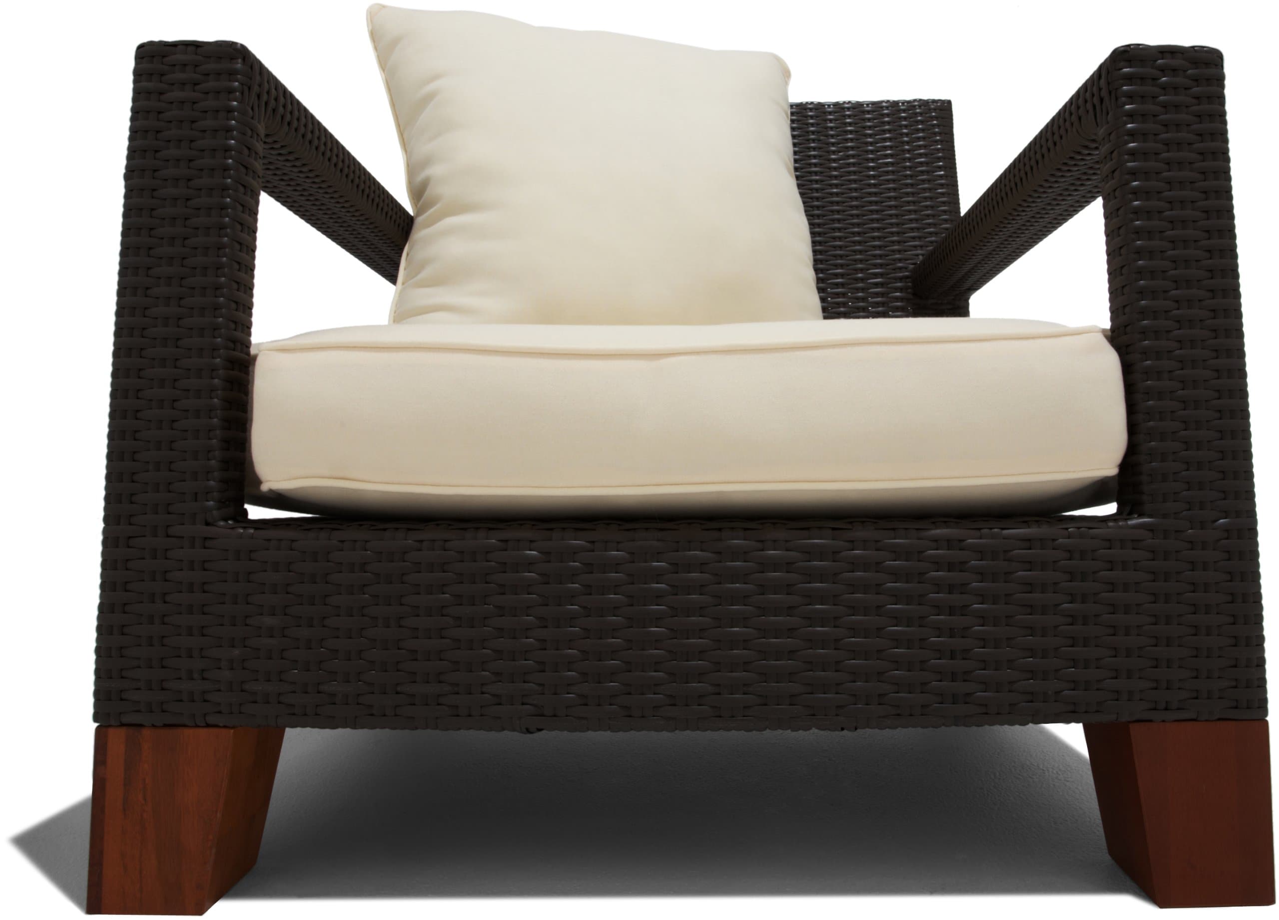 Front view of the Strathwood Camano wicker arm chair with cream cushions and squared arms.