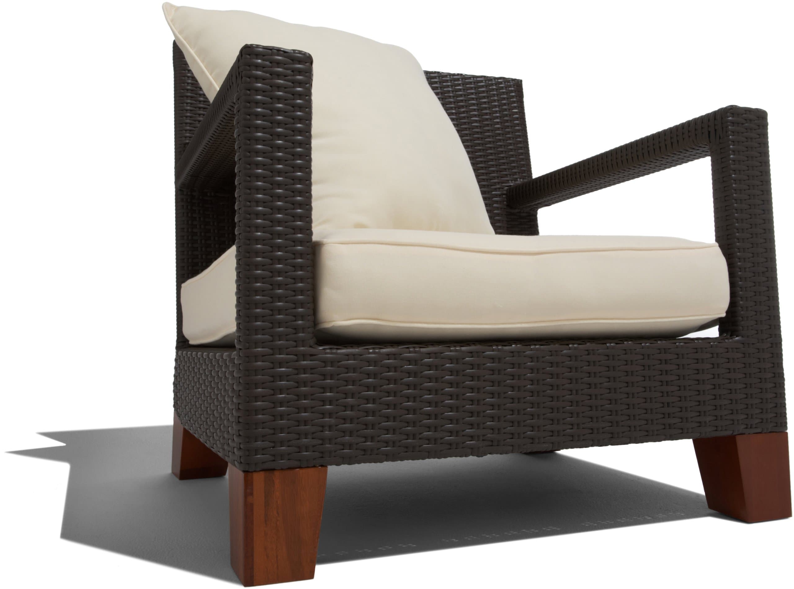 Strathwood Camano dark wicker arm chair with cream seat and back cushions and wooden feet.