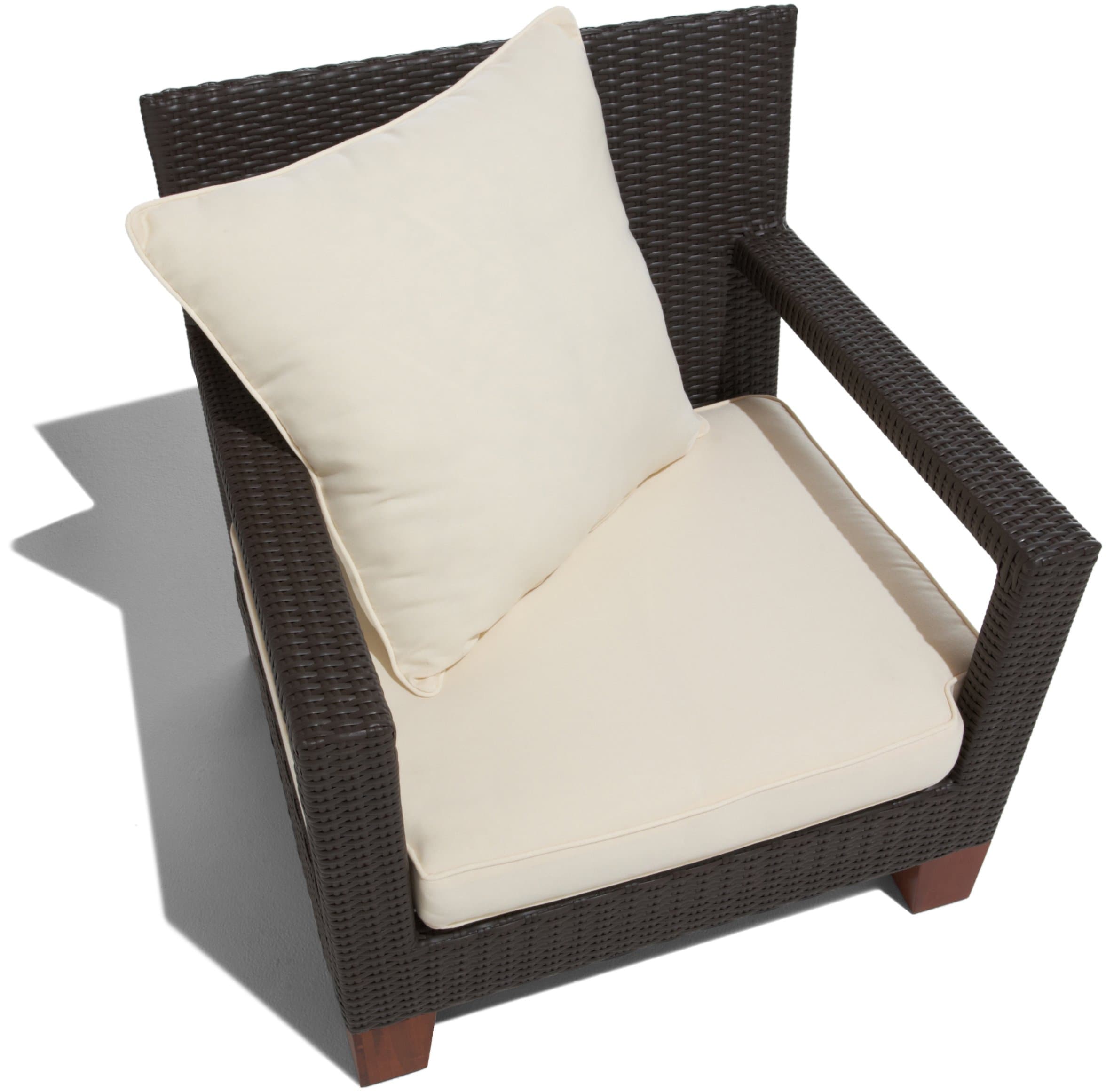 Elevated view of the Strathwood Camano wicker arm chair, showing the cushioned seat and woven arms.