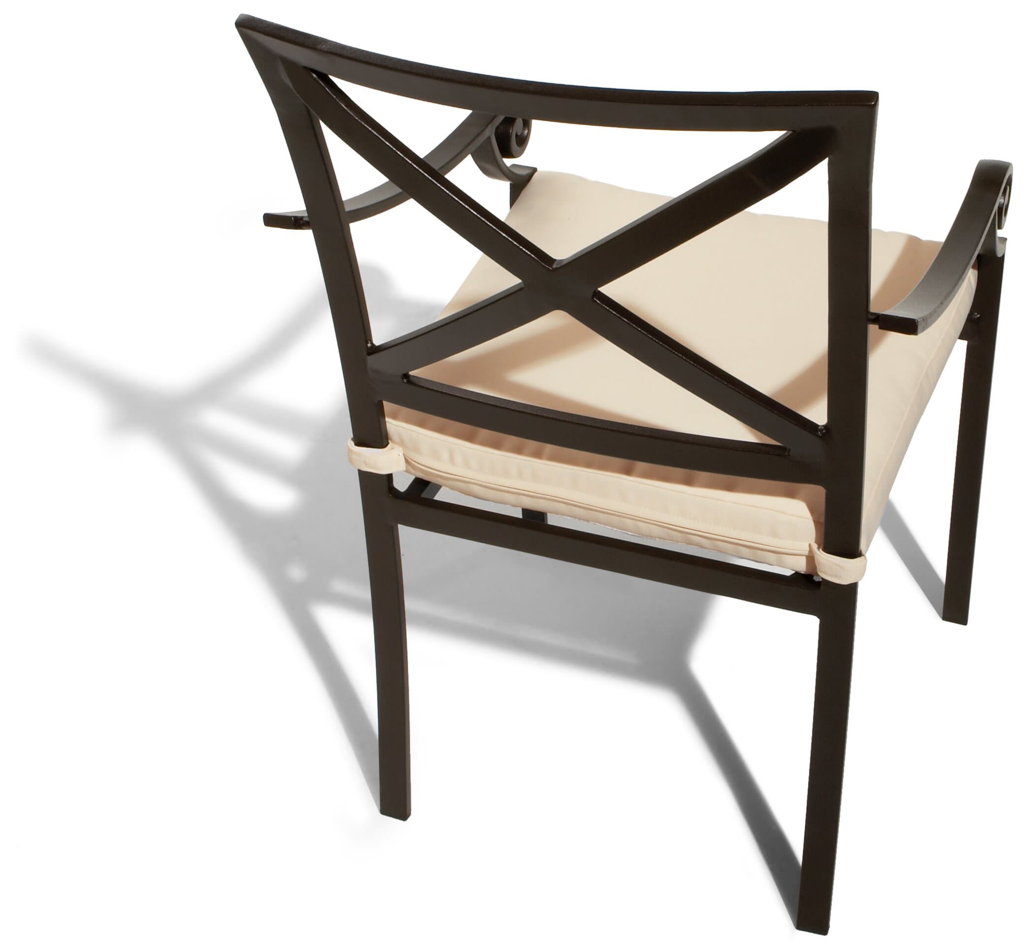 Rear view of a Strathwood Falkner dining arm chair, showing the cross-back design and cushion ties.