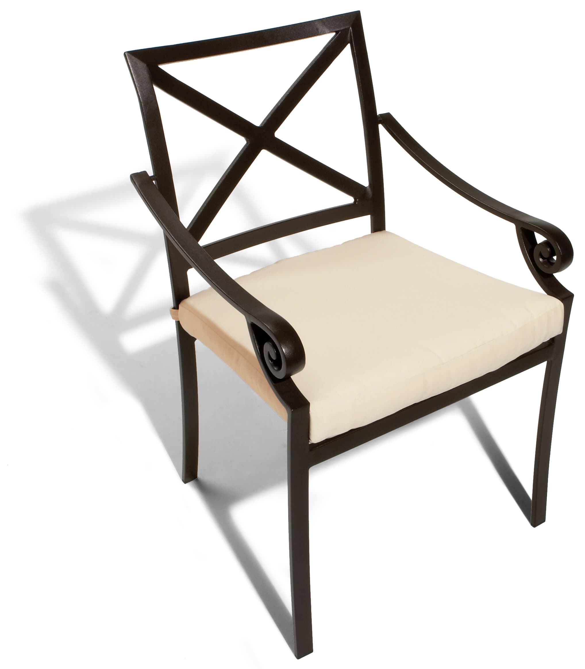 Elevated front view of a Strathwood Falkner dining arm chair with curved arms and a cream seat cushion.