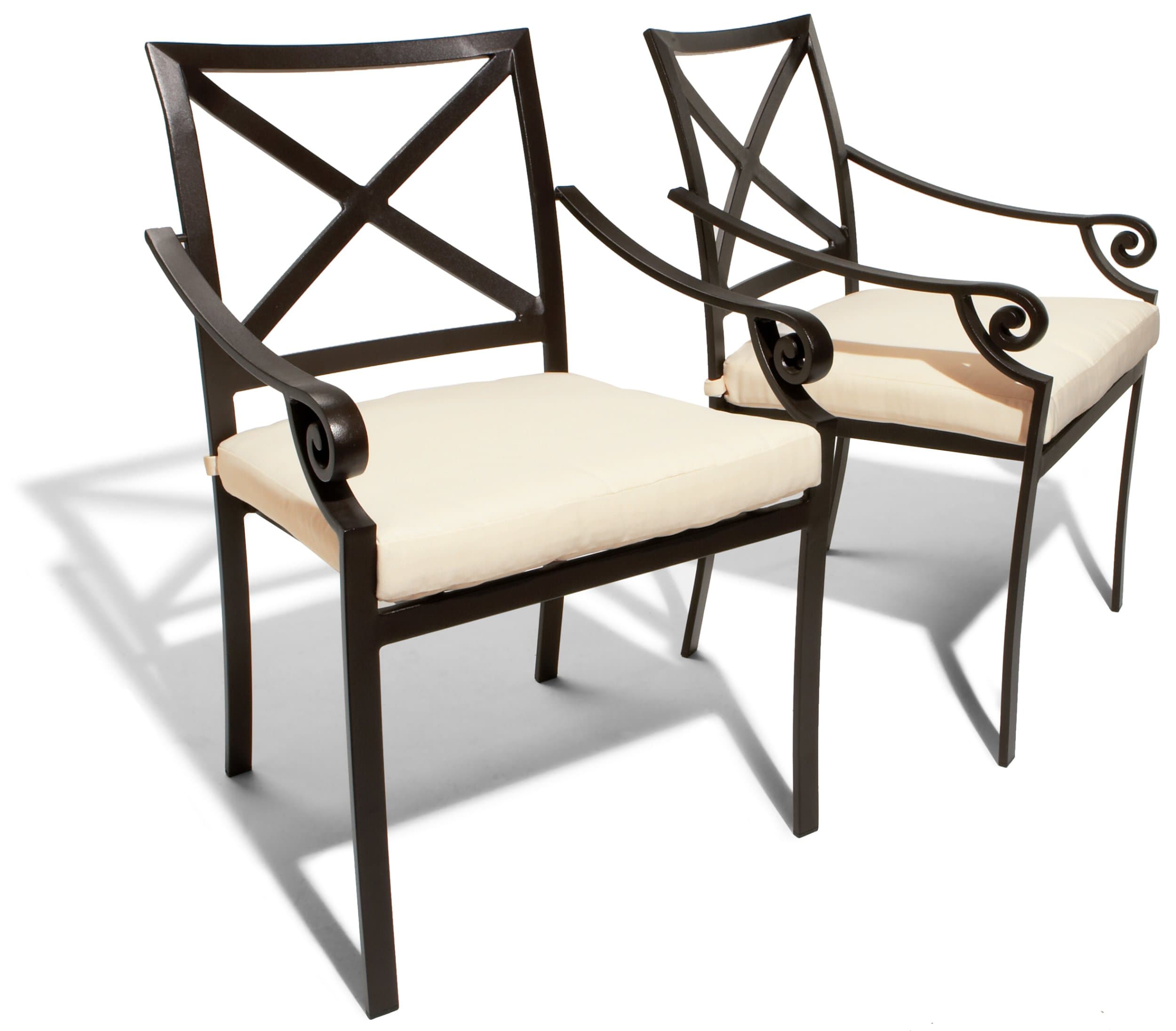 Pair of Strathwood Falkner dining arm chairs with cream cushions and dark cross-back frames.