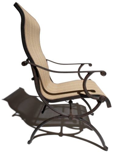 Side profile of the Strathwood Naples sling arm chair, showing the bowed back and curved metal frame.