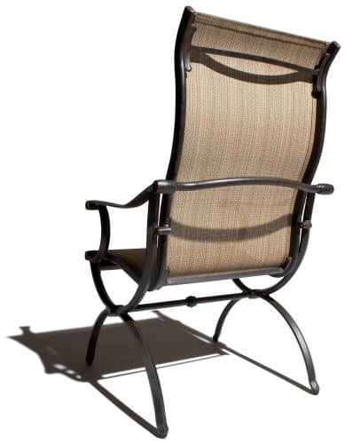 Rear view of the Strathwood Naples sling arm chair, showing its fabric back and supporting frame.