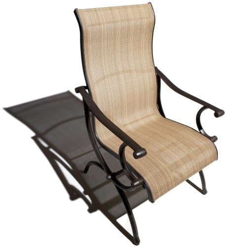 Strathwood Naples sling arm chair from an elevated front angle, showing the curved fabric seat and arms.
