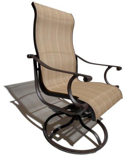 Strathwood Naples sling swivel arm chair with tan fabric, dark curved arms and a circular swivel base.