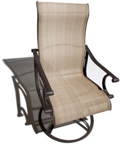 Front view of the Strathwood Naples sling swivel arm chair, showing the curved seat and swivel base.