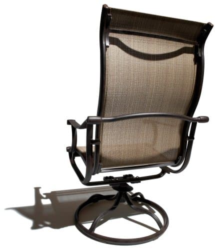 Rear view of the Strathwood Naples sling swivel arm chair, showing its frame, fabric back and round base.