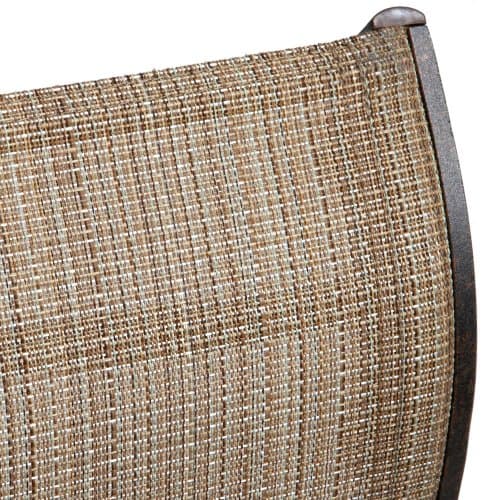 Close view of the tan woven sling fabric and upper frame of the Strathwood Naples swivel chair.