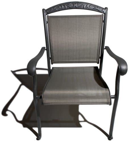 Front view of the Strathwood Ryer dining chair, showing its curved arms, sling seat and ornamental crest.