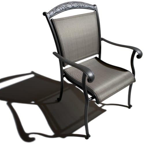 Three-quarter view of a Strathwood Ryer dining chair with gray sling fabric and a decorative metal crest.