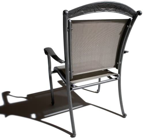 Rear view of the Strathwood Ryer dining chair, showing the fabric back and metal frame supports.