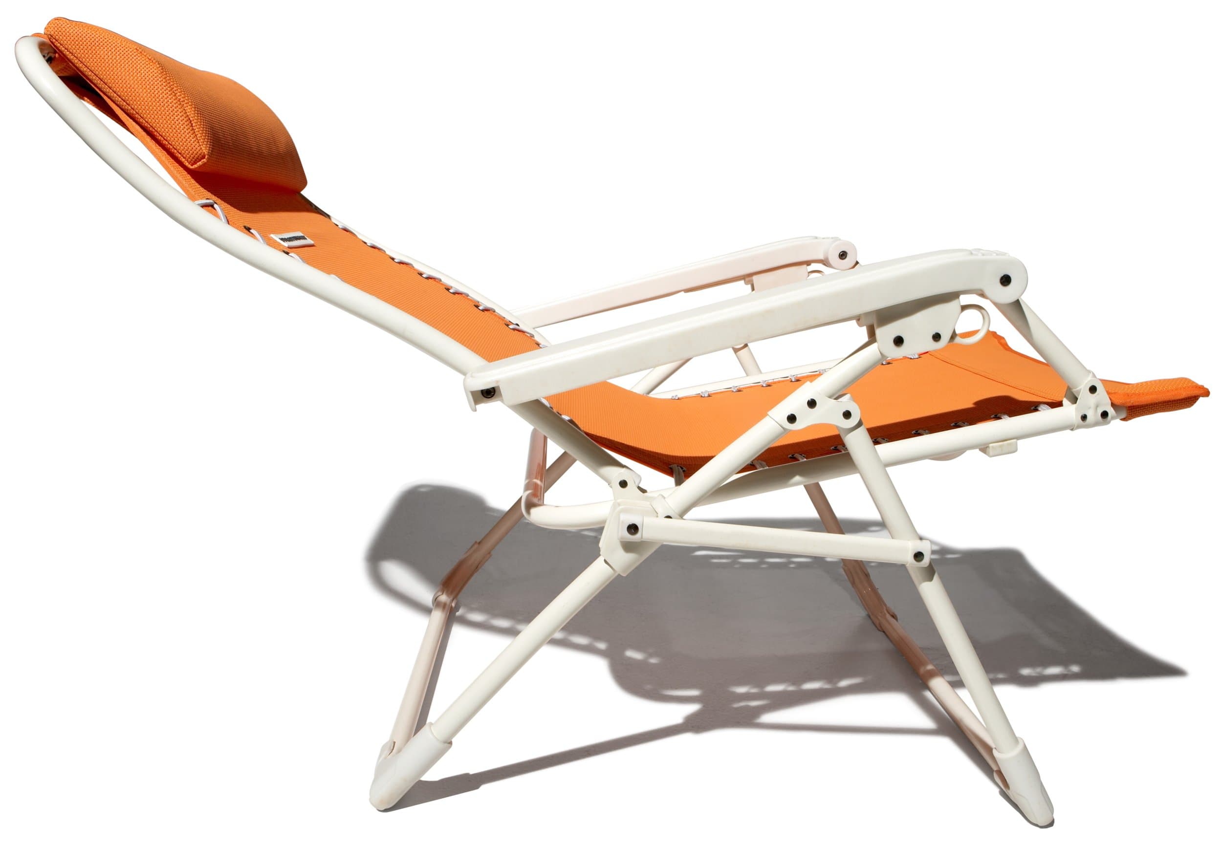 Side profile of the orange Strathwood lounge chair, showing the reclining back and armrest adjustment mechanism.