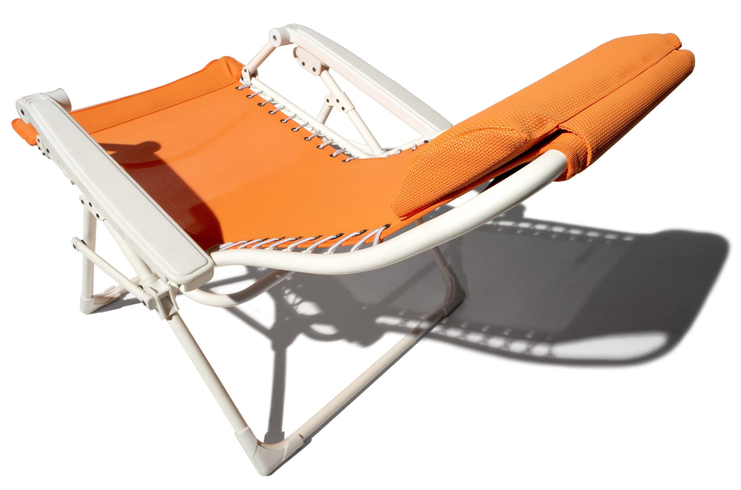Rear three-quarter view of the orange Strathwood lounge chair in a reclined position.