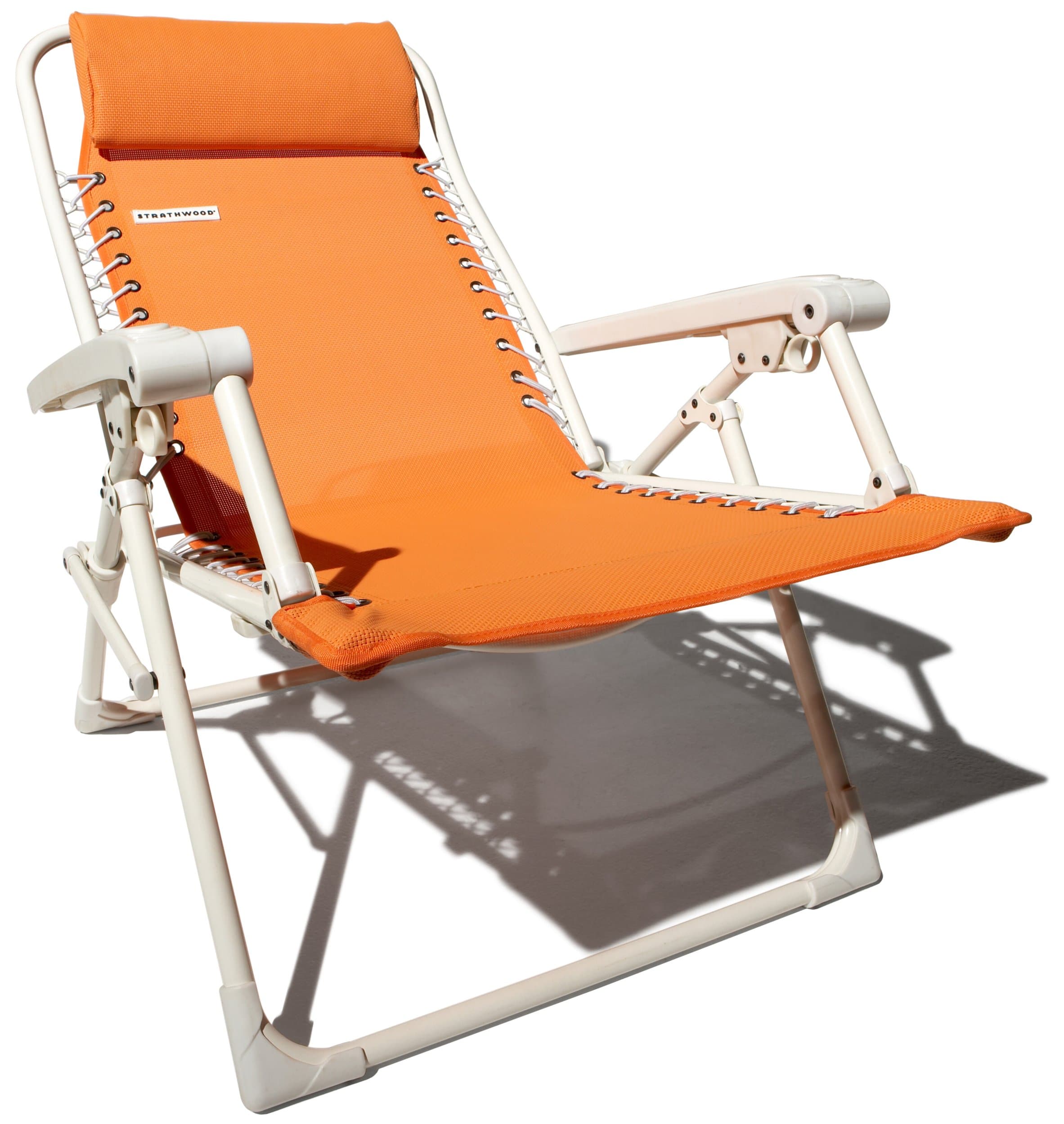 Strathwood orange beach and pool lounge chair upright, with a white metal frame and orange padded headrest.