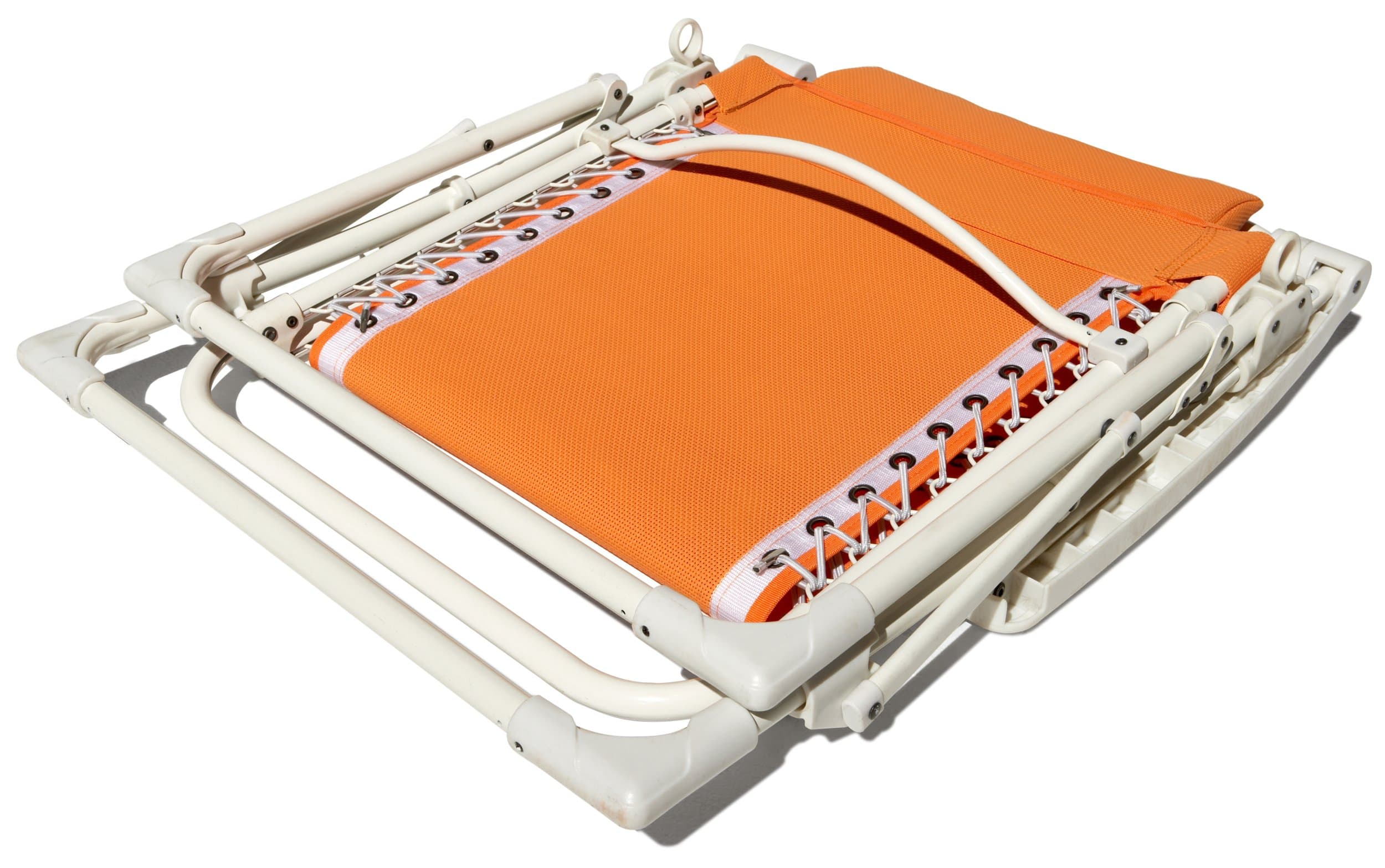 Strathwood orange lounge chair folded compactly, showing its white frame and carrying strap.