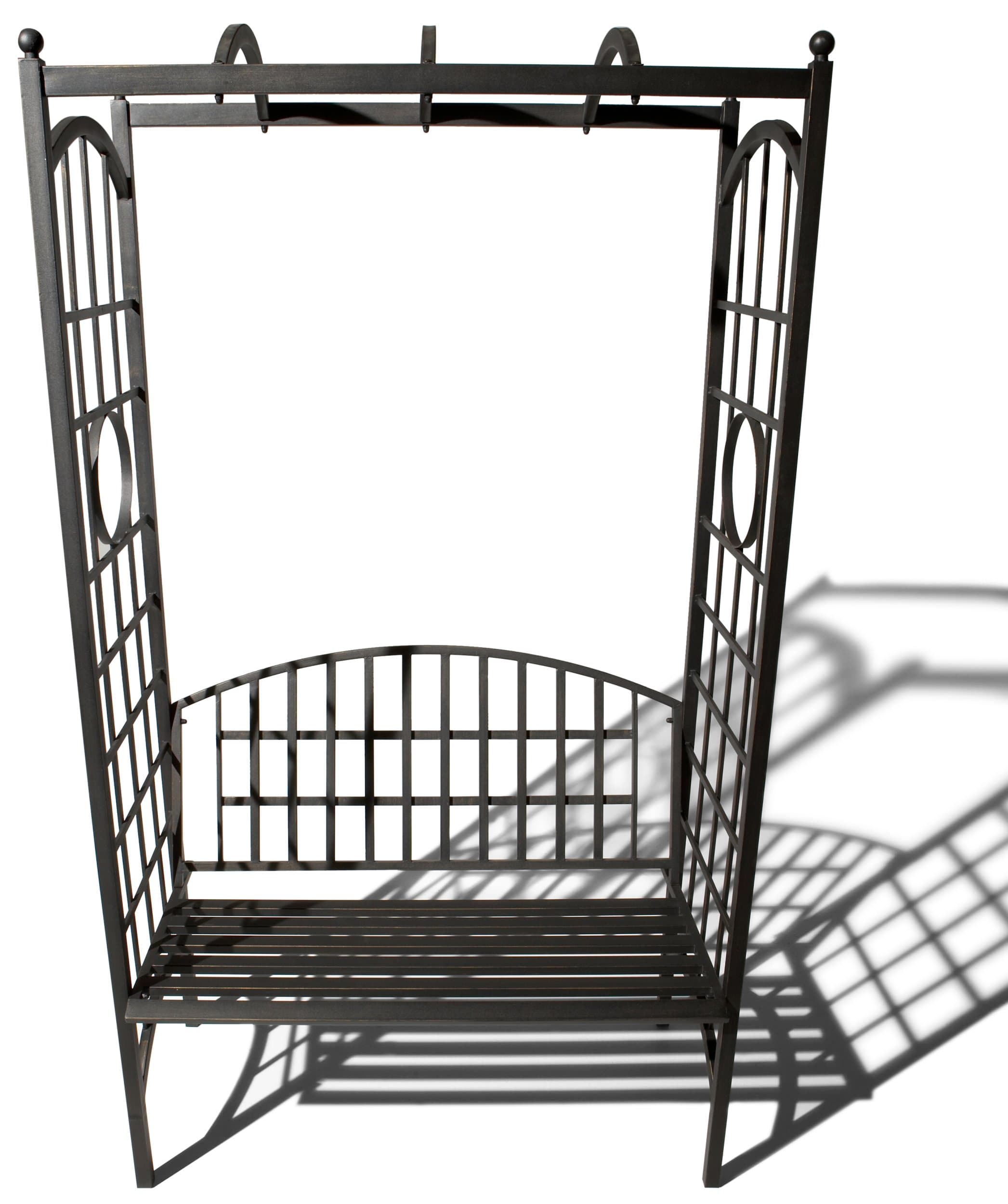 Front view of the Strathwood garden trellis and bench, showing the arched sides and slatted seat.
