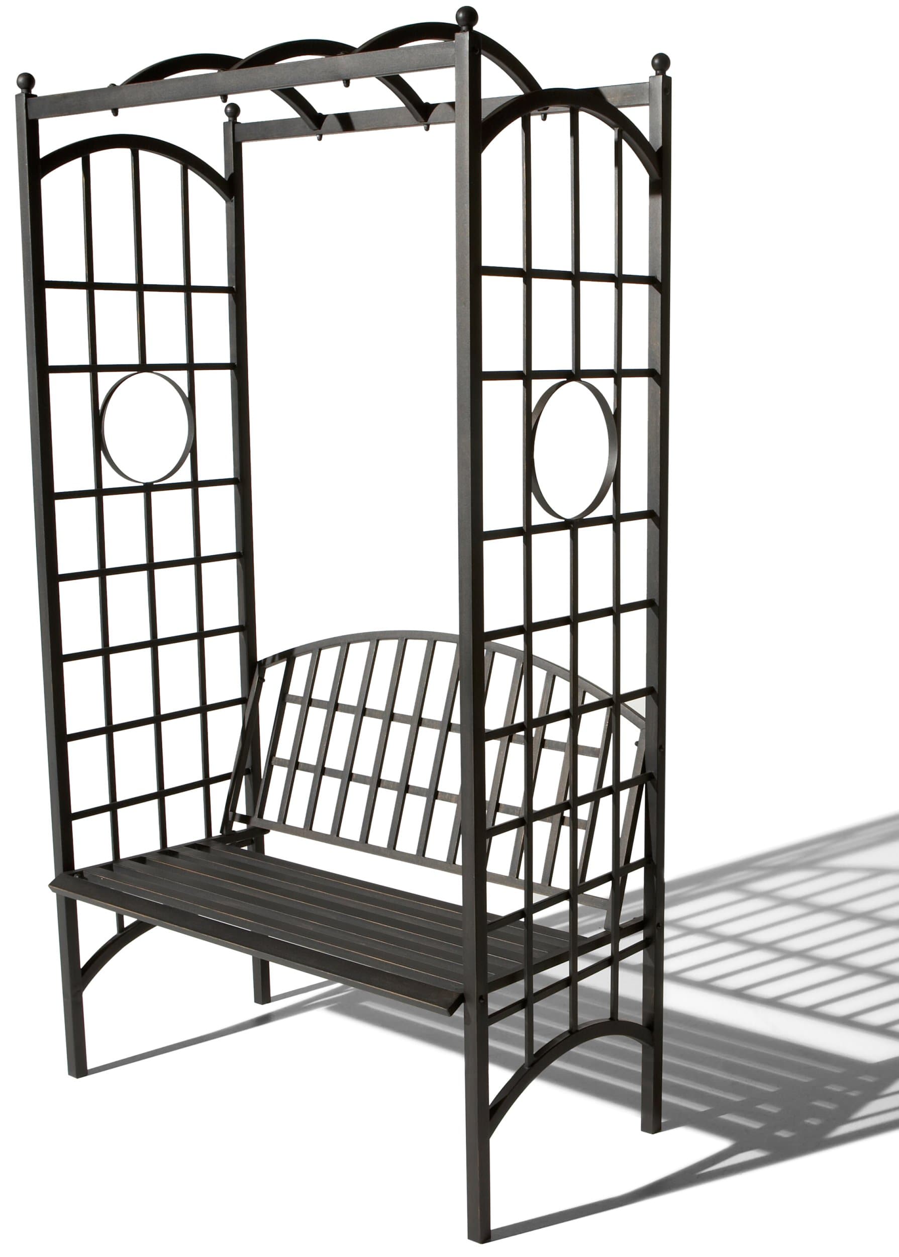 Three-quarter view of the Strathwood arched garden trellis with its built-in bench.