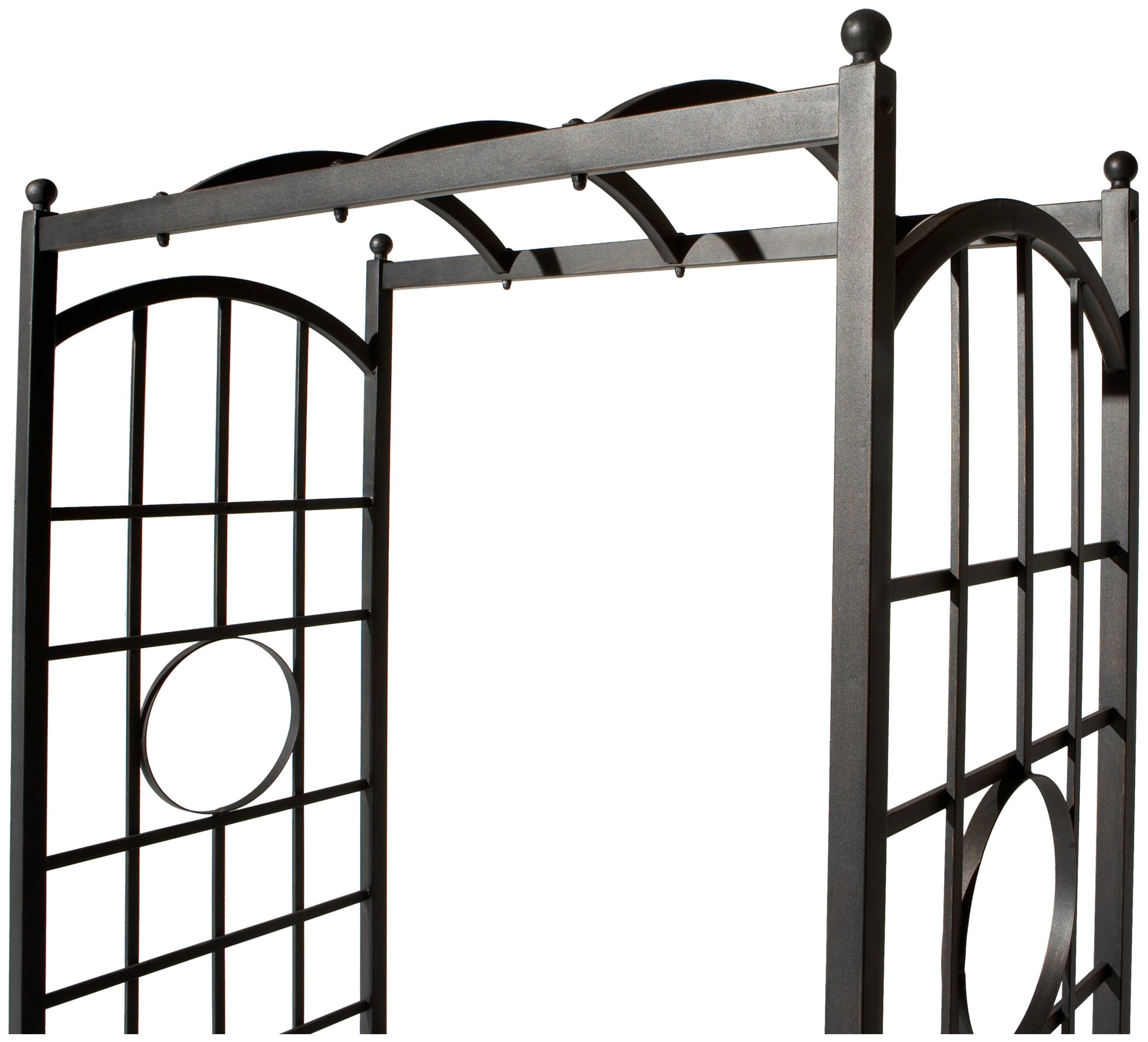 Close view of the Strathwood trellis upper frame, curved overhead rails and decorative side panels.