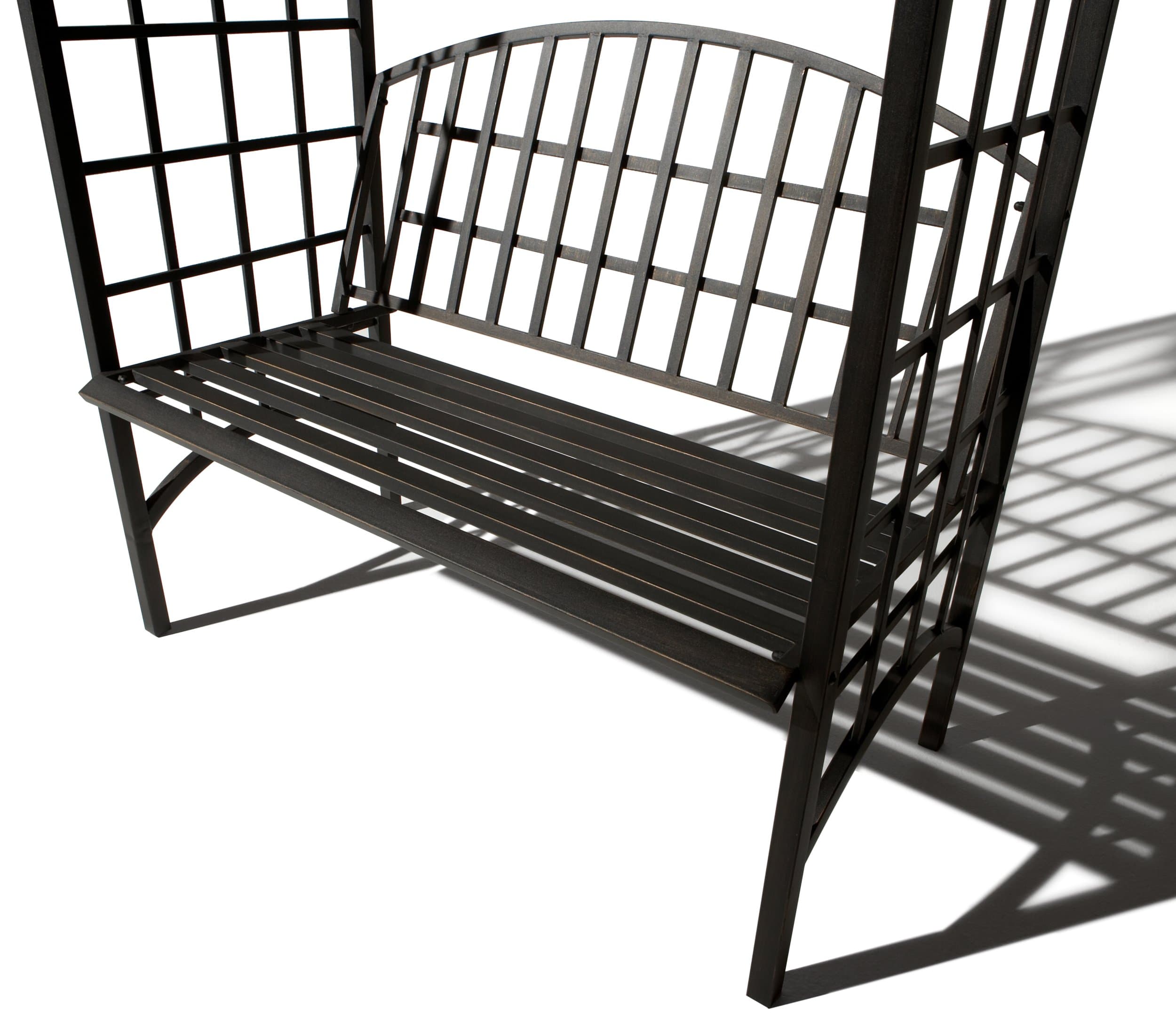 Close view of the Strathwood garden bench seat and curved back inside the trellis frame.