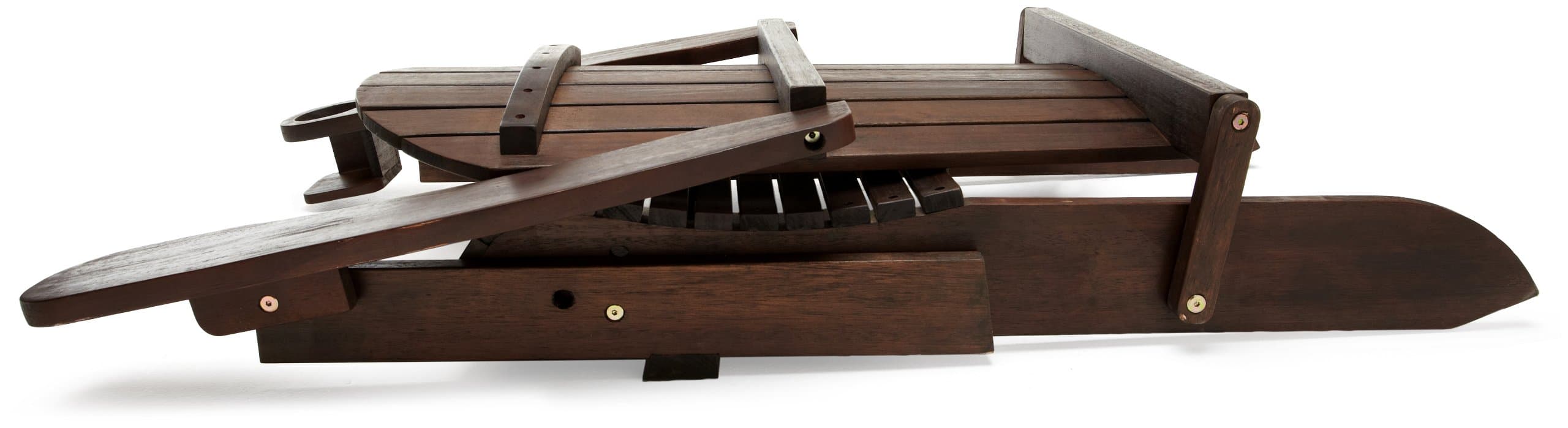 Strathwood dark brown Adirondack chair folded flat for storage.