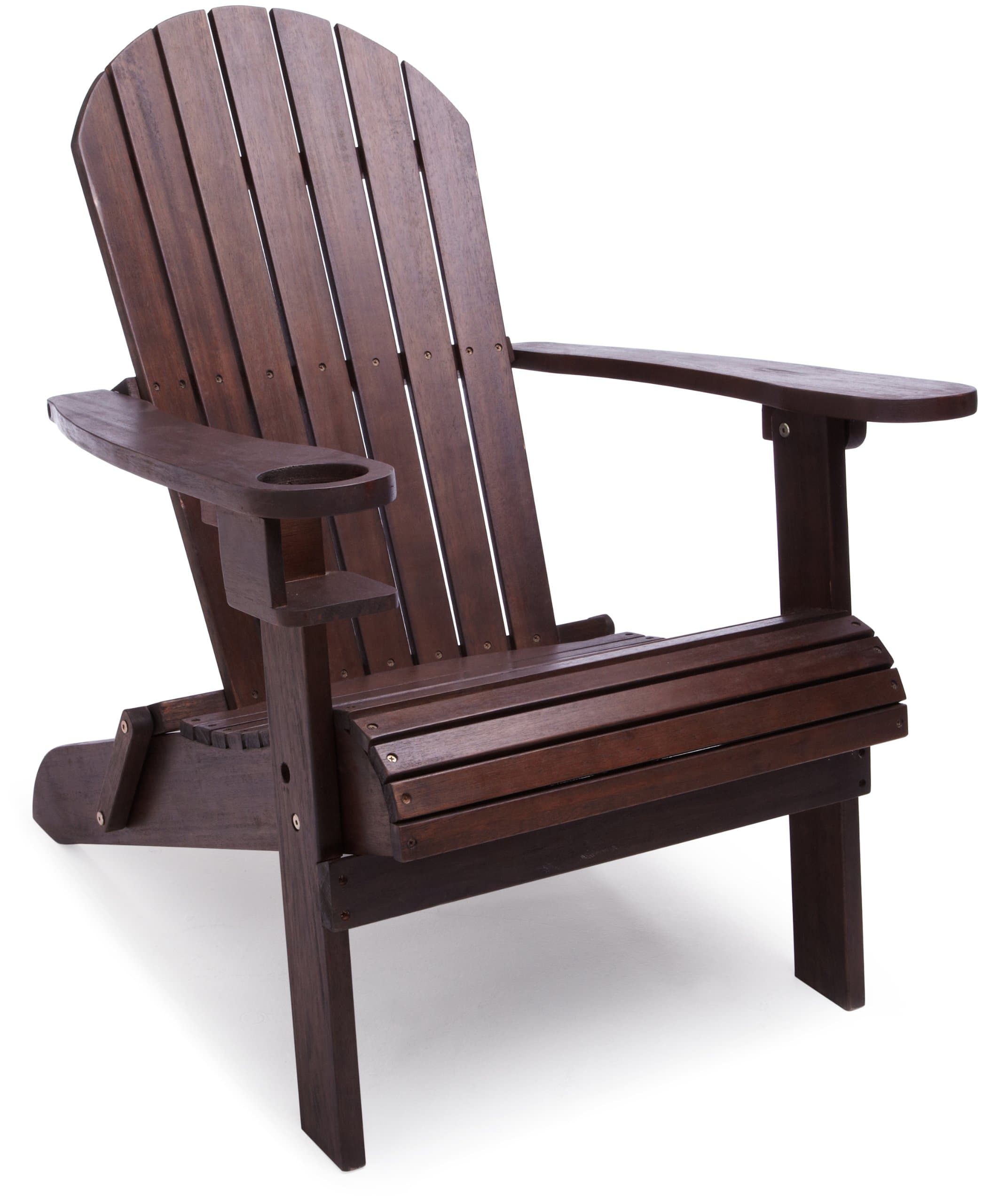 Strathwood Basics dark brown Adirondack chair upright, showing its slatted back and wide arms.