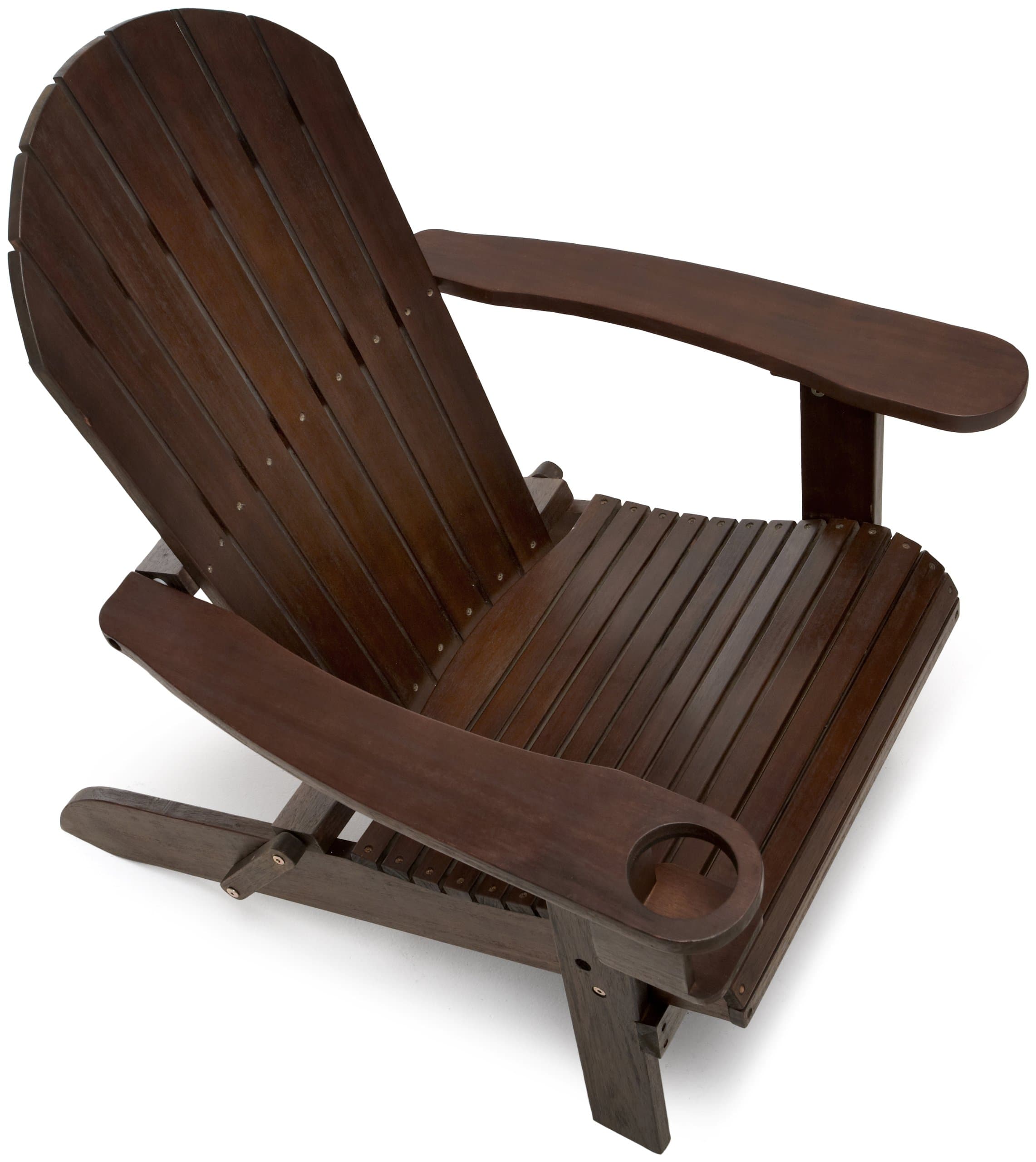 Elevated view of the Strathwood dark brown Adirondack chair, showing the slatted seat and round arm cup holder.
