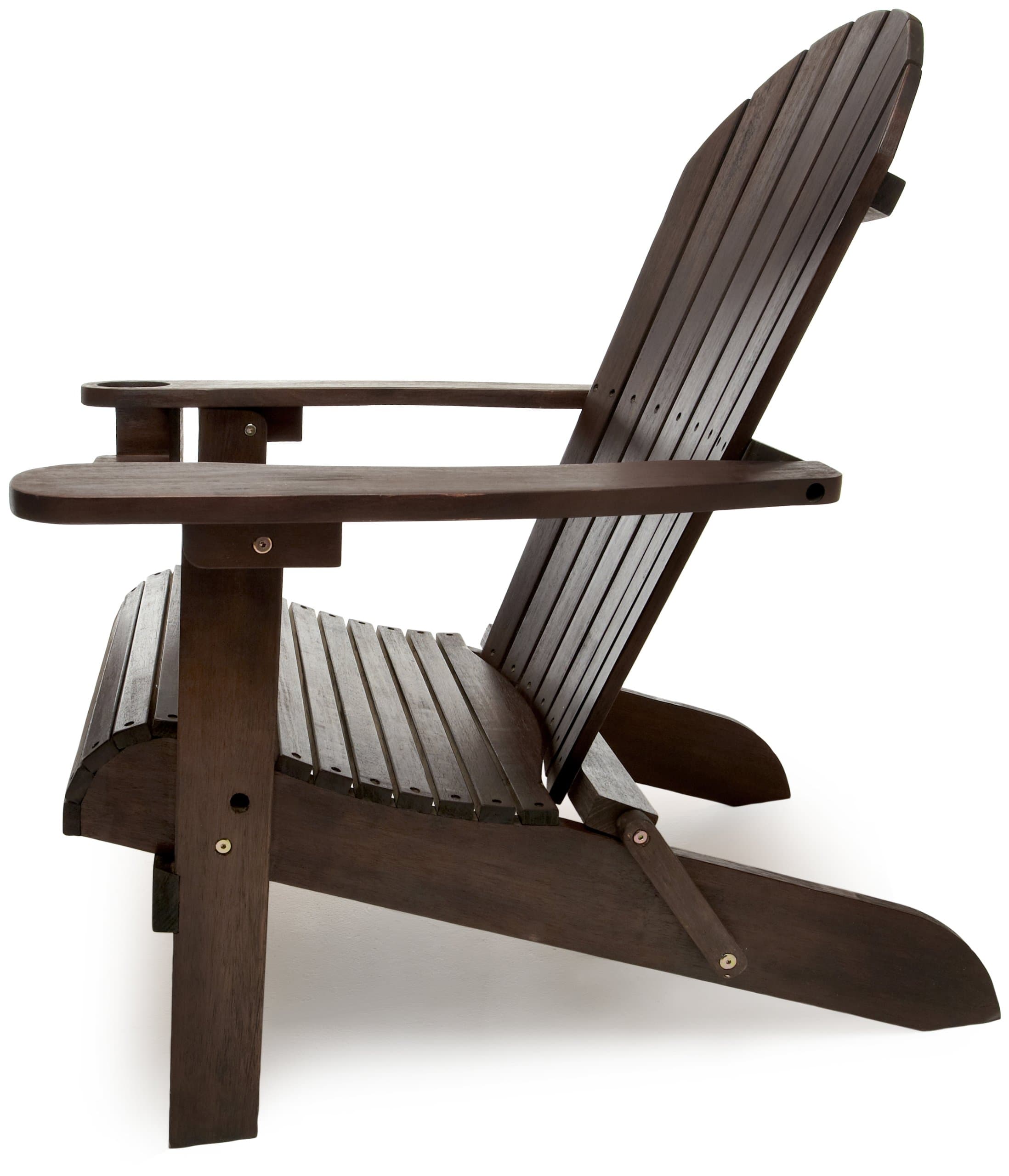 Side profile of the dark brown Strathwood folding Adirondack chair, showing the reclined back and broad arm.