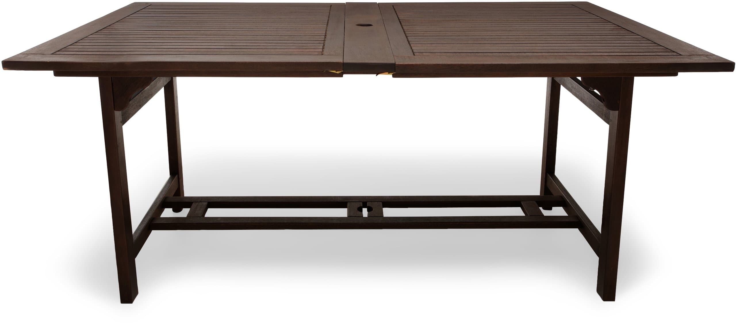 Long-side view of the Strathwood Blakely dining table with its center extension deployed.