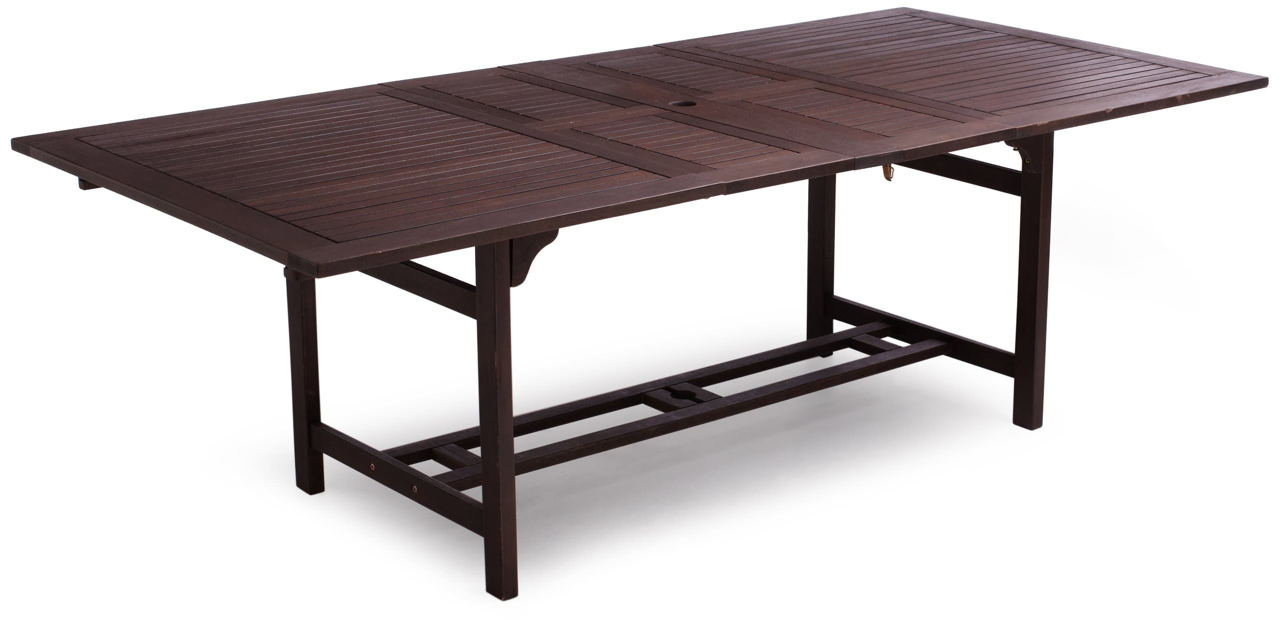 Strathwood Blakely dining table with the center extension deployed, shown from a three-quarter angle.