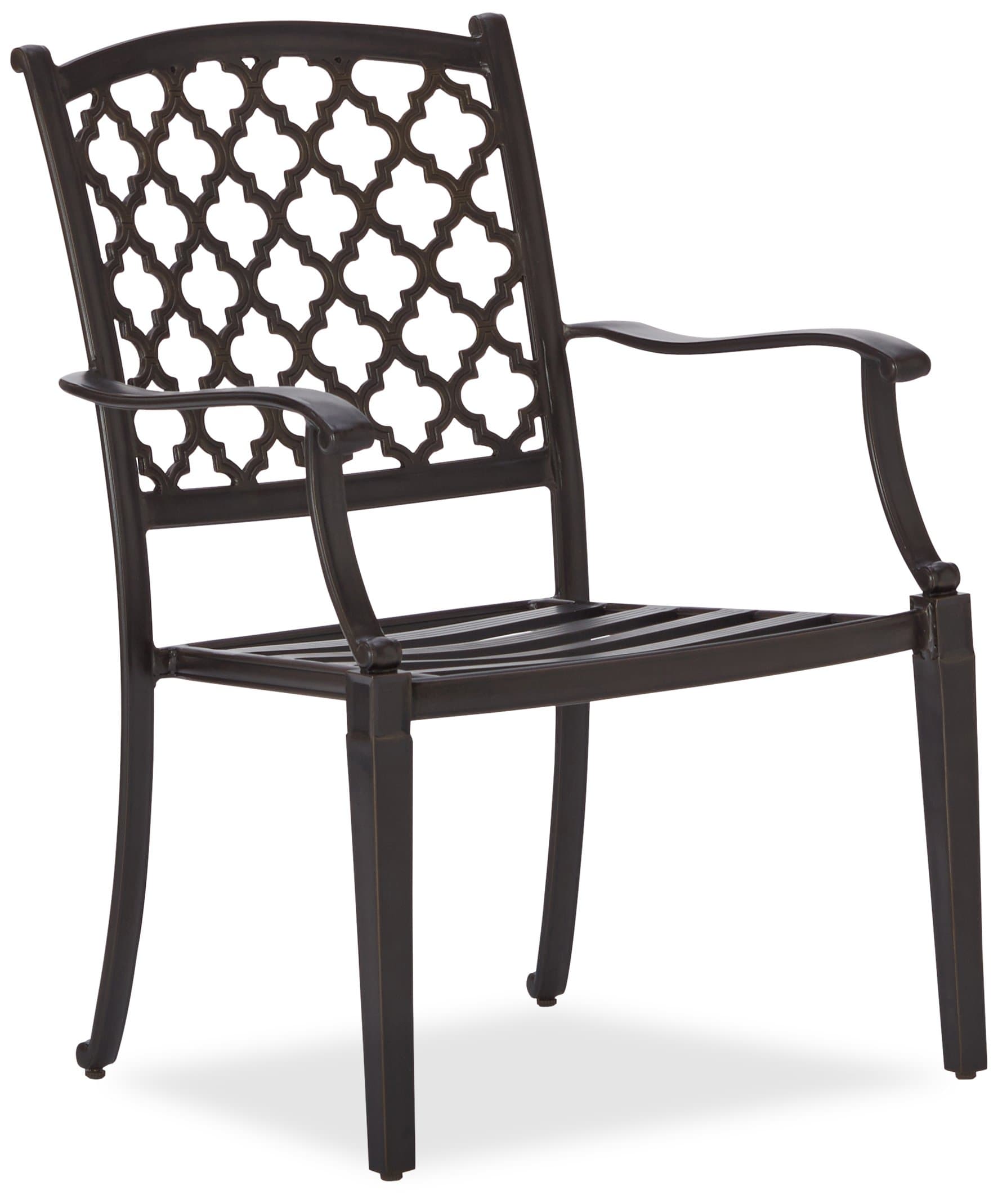 Three-quarter view of a Strathwood Whidbey dining arm chair without the removable seat cushion.