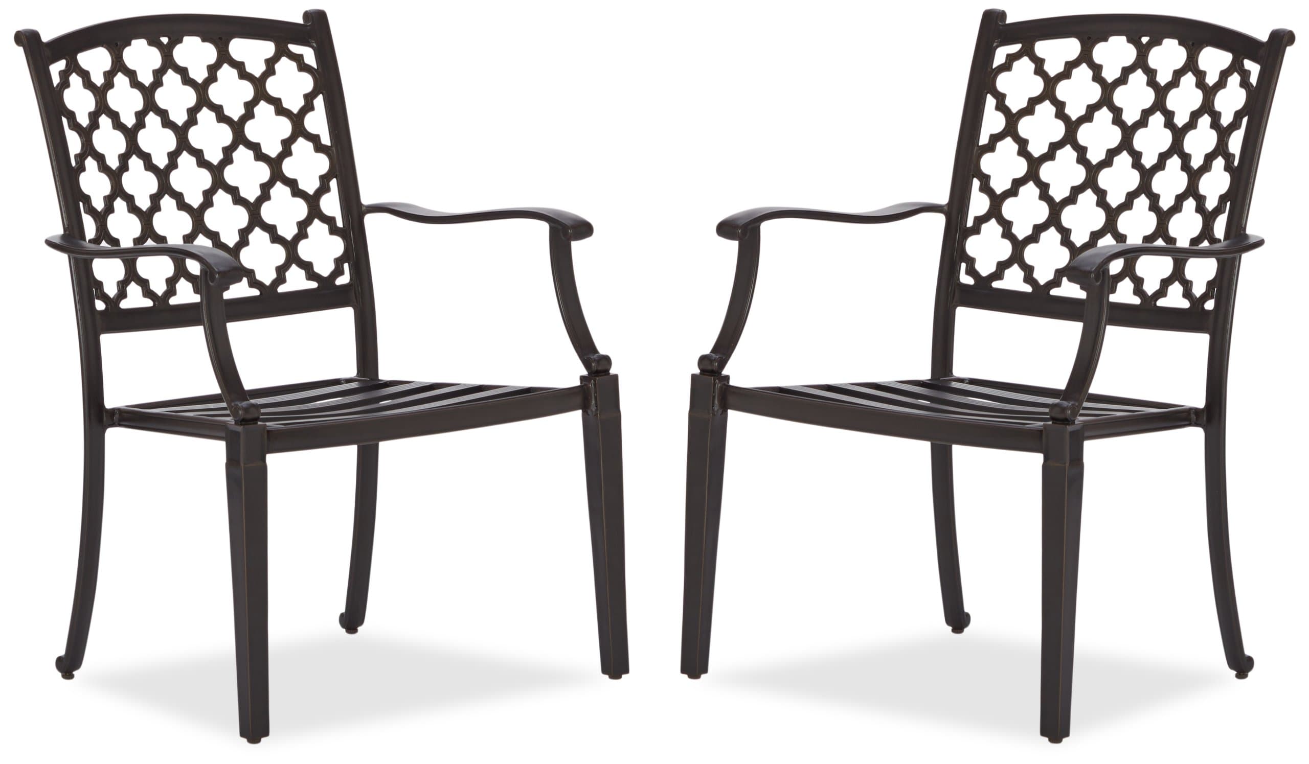 Strathwood Whidbey dining arm-chair pair with cushions removed, revealing the slatted metal seats.