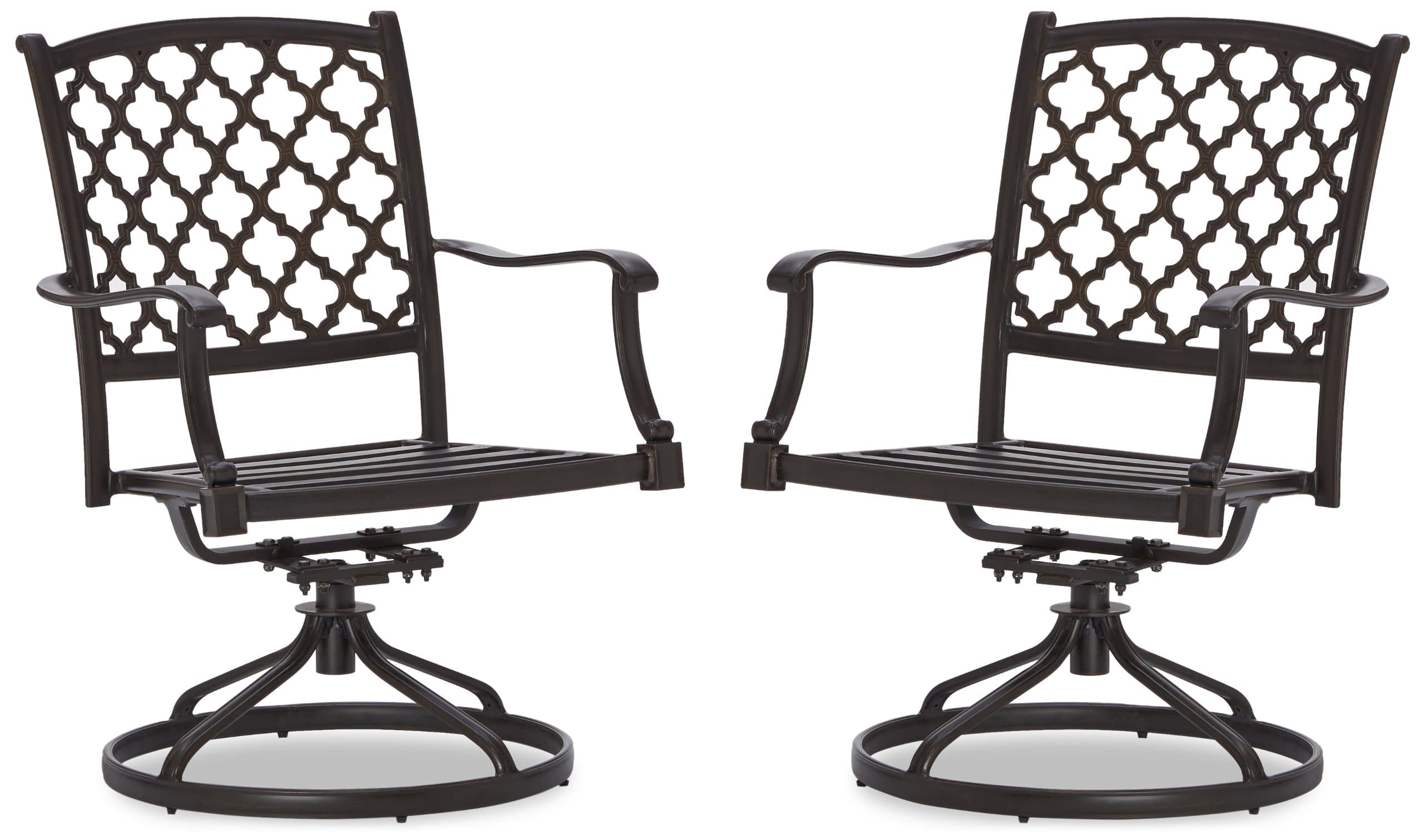 Pair of Strathwood Whidbey swivel dining chairs with cushions removed to show the metal seats.