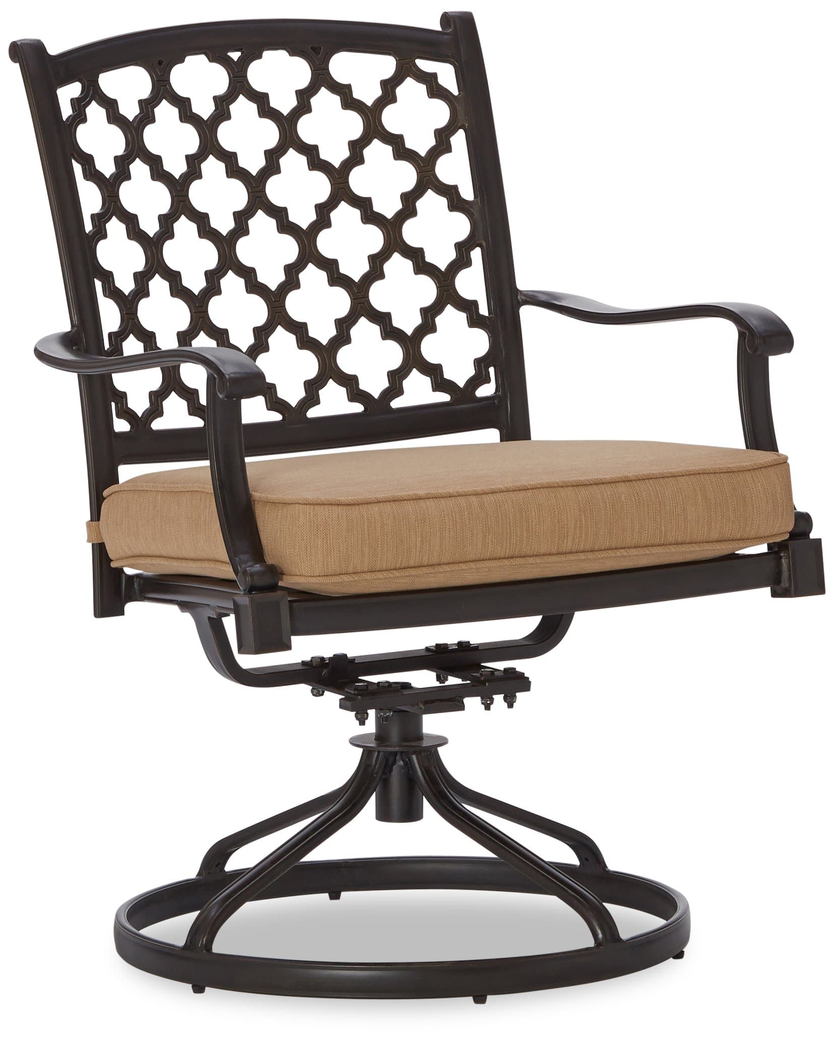 Three-quarter view of a Strathwood Whidbey swivel dining chair with its tan cushion and lattice back.