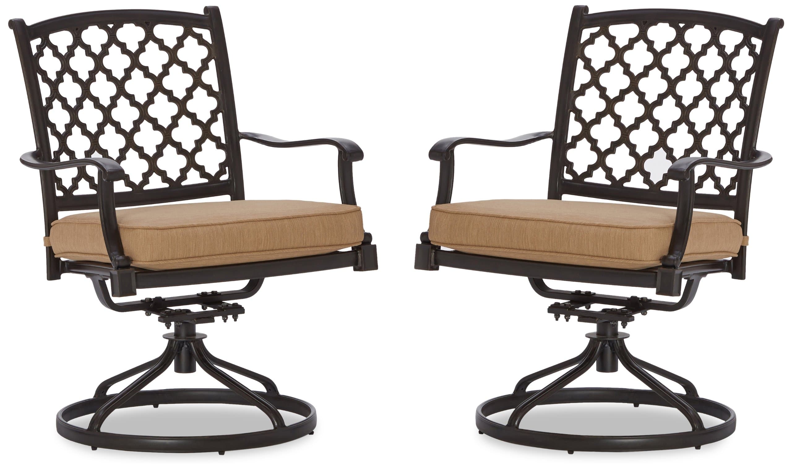 Pair of Strathwood Whidbey swivel dining arm chairs with tan seat cushions and round metal bases.